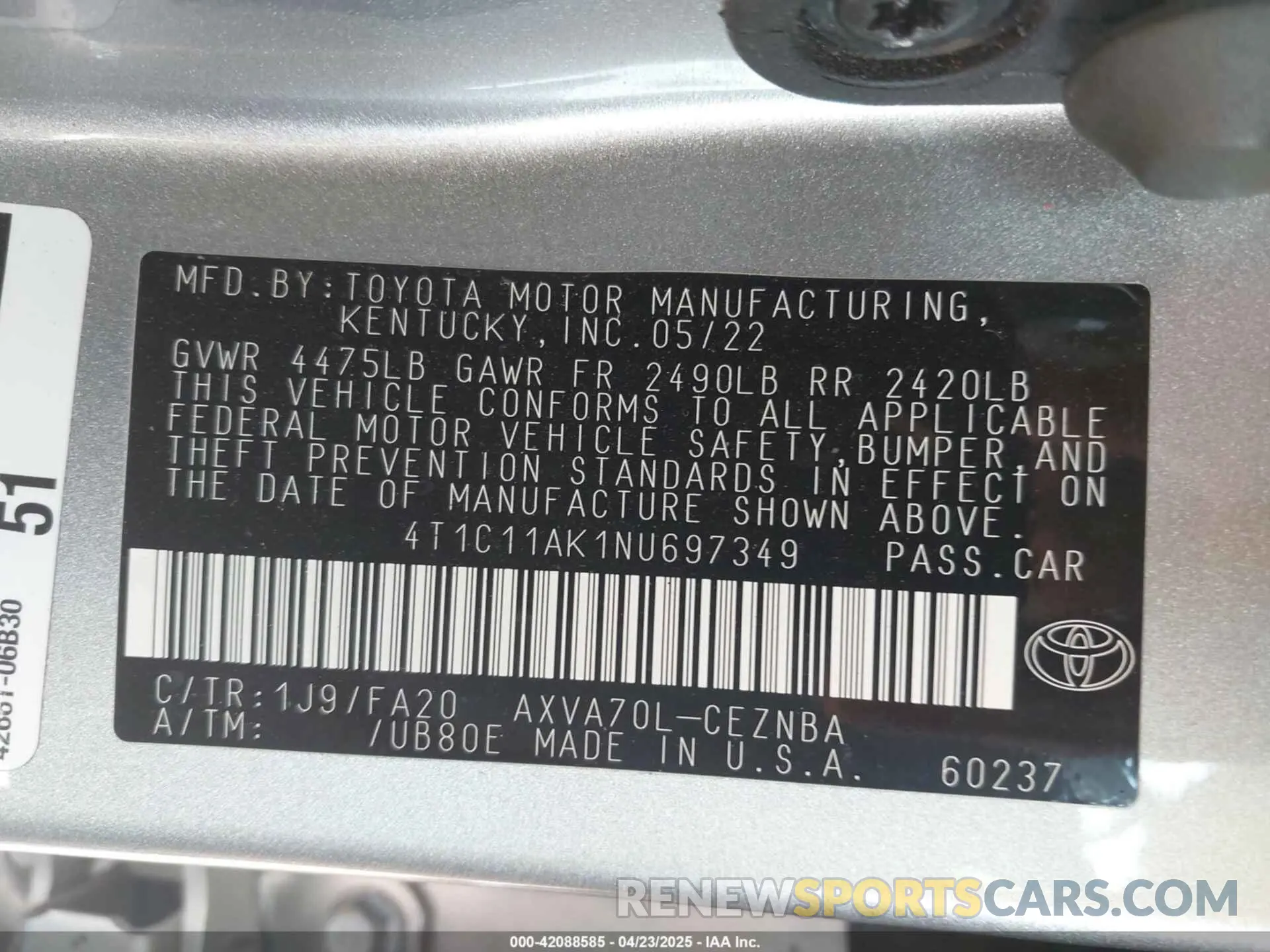 9 Photograph of a damaged car 4T1C11AK1NU697349 TOYOTA CAMRY 2022