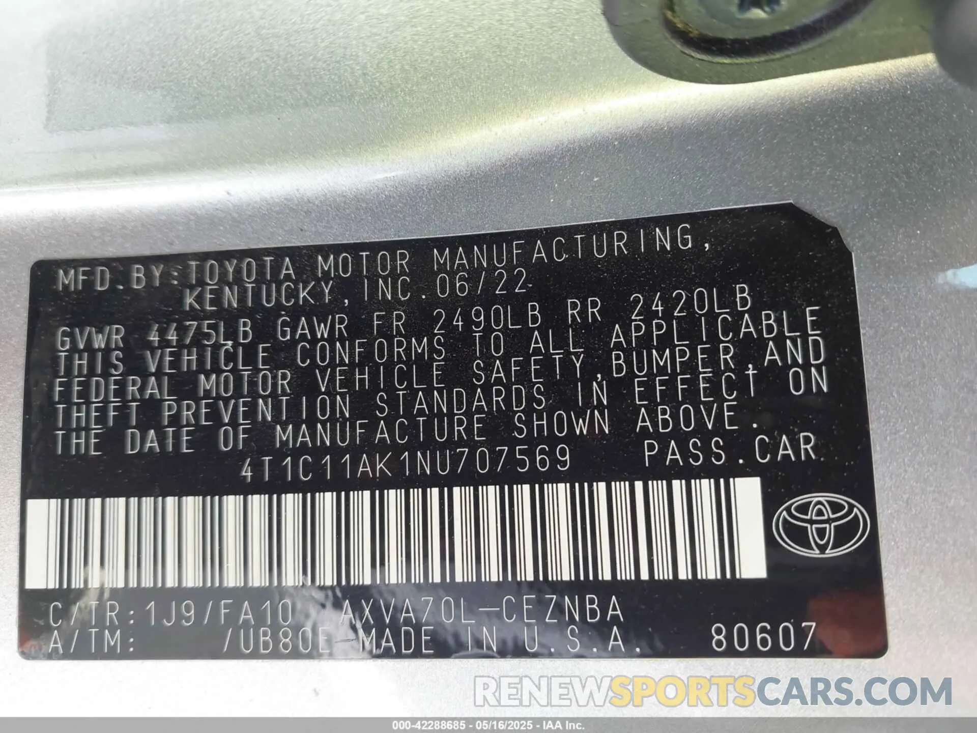 9 Photograph of a damaged car 4T1C11AK1NU707569 TOYOTA CAMRY 2022