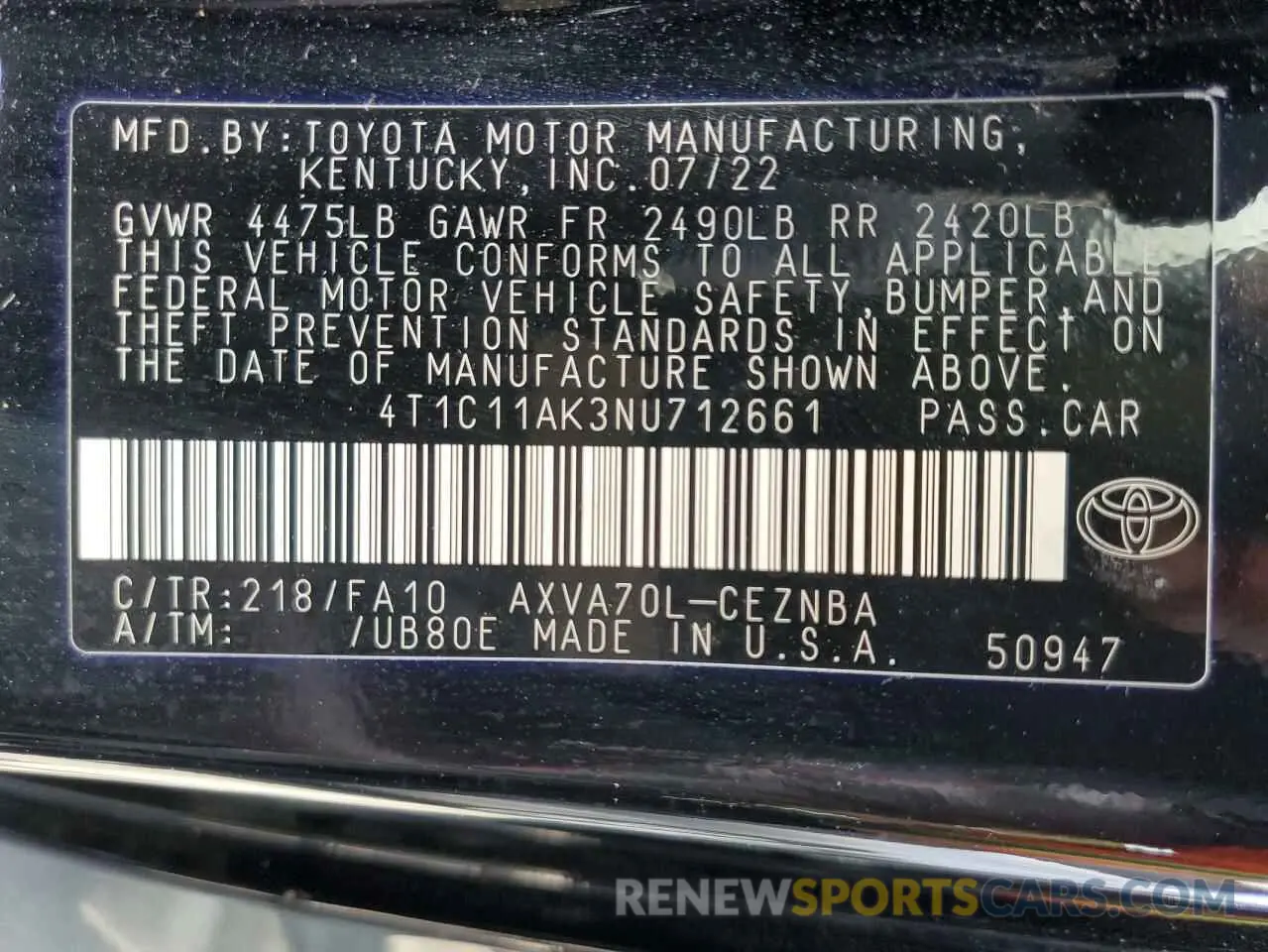 13 Photograph of a damaged car 4T1C11AK3NU712661 TOYOTA CAMRY 2022