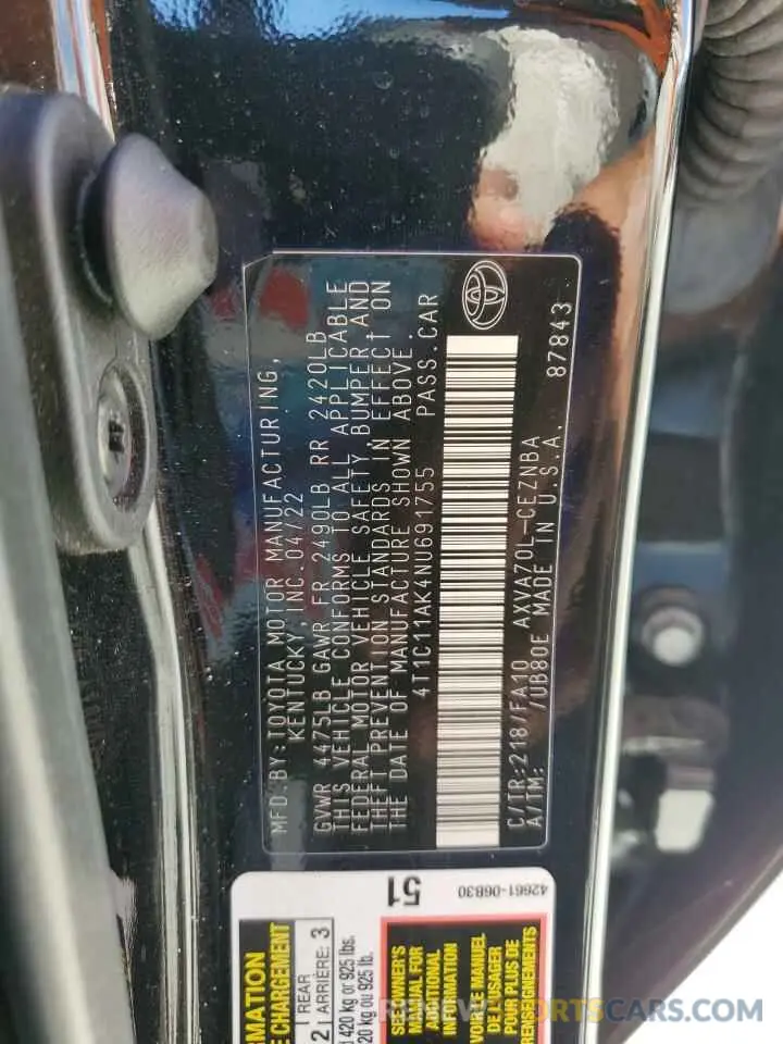 12 Photograph of a damaged car 4T1C11AK4NU691755 TOYOTA CAMRY 2022