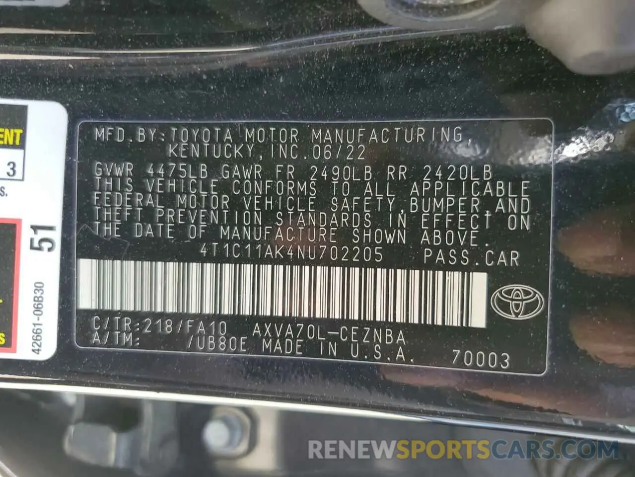 13 Photograph of a damaged car 4T1C11AK4NU702205 TOYOTA CAMRY 2022