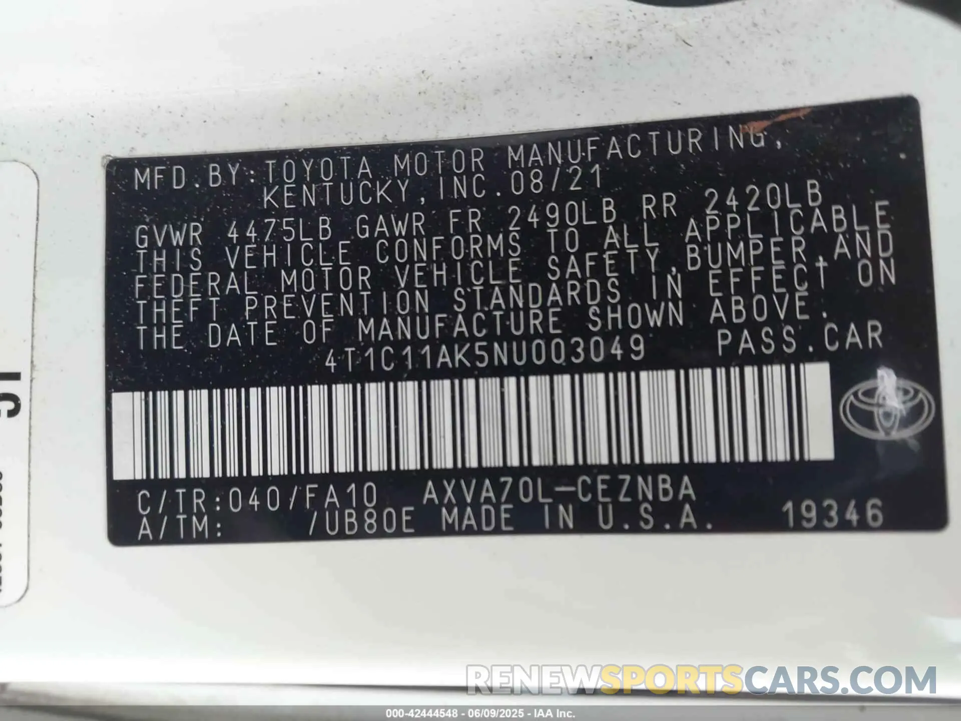 9 Photograph of a damaged car 4T1C11AK5NU003049 TOYOTA CAMRY 2022