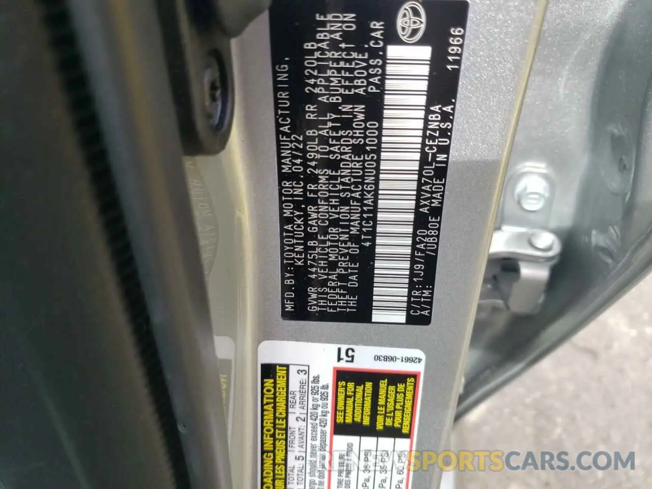 10 Photograph of a damaged car 4T1C11AK6NU051000 TOYOTA CAMRY 2022