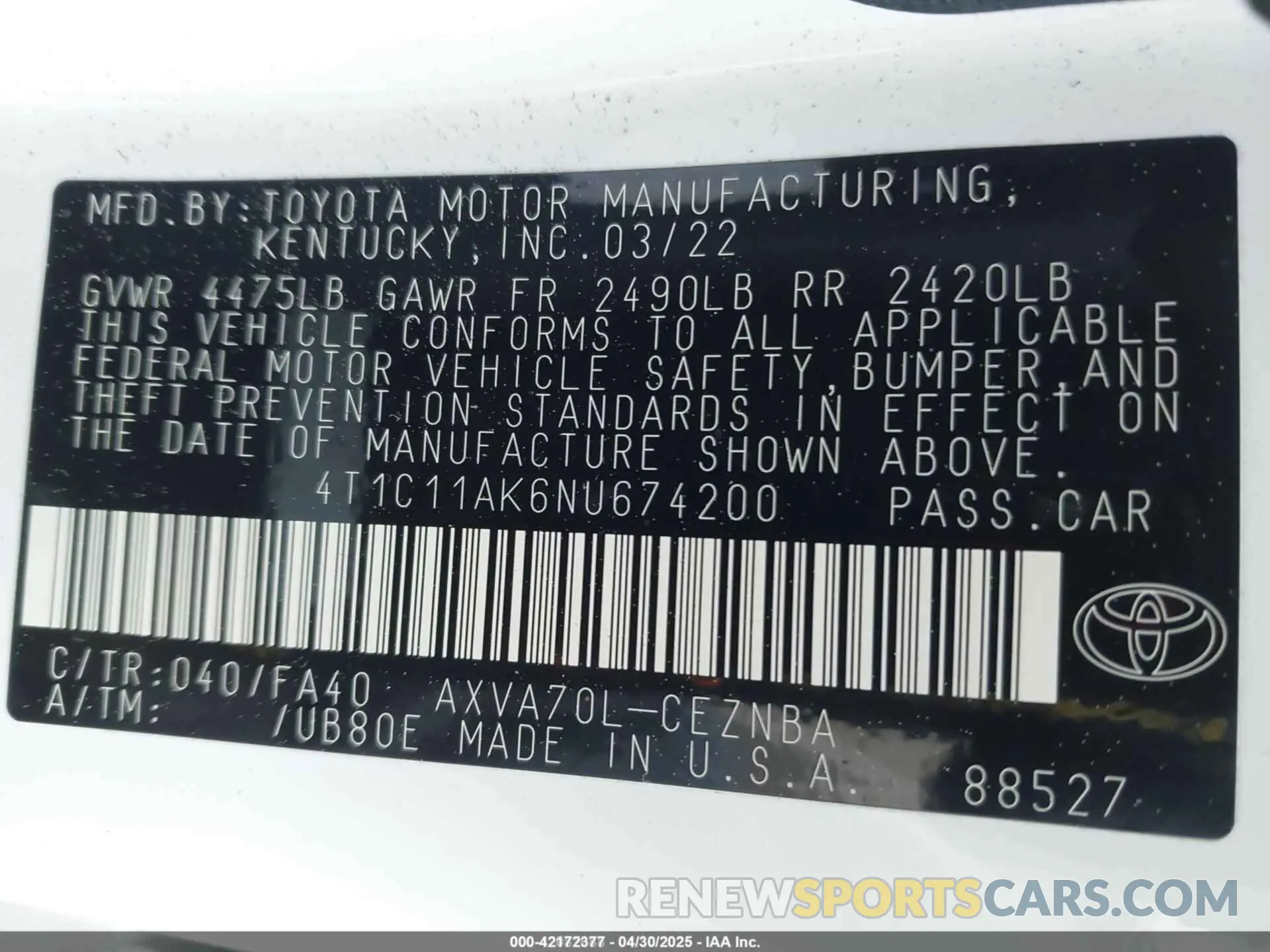 9 Photograph of a damaged car 4T1C11AK6NU674200 TOYOTA CAMRY 2022