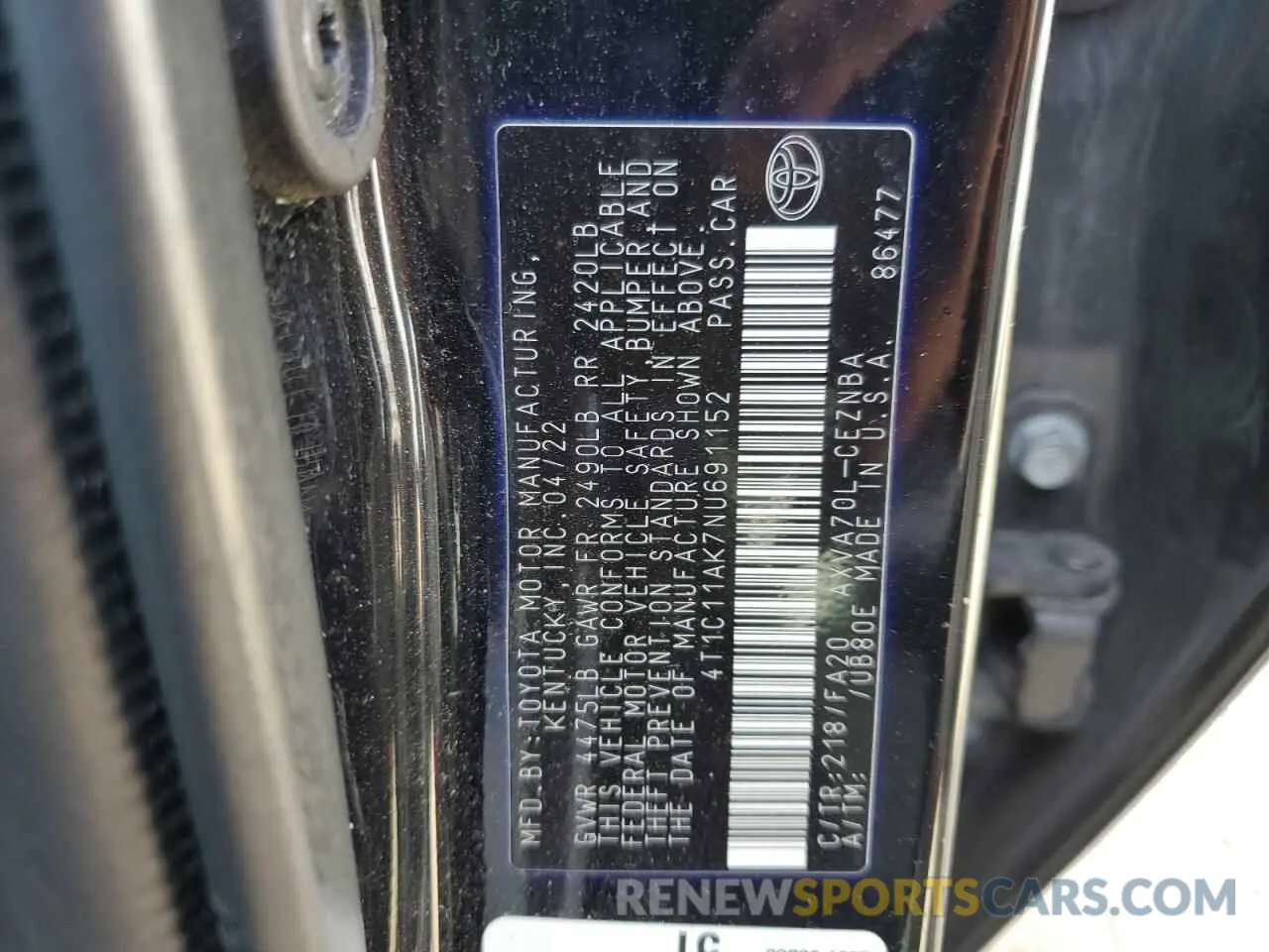 12 Photograph of a damaged car 4T1C11AK7NU691152 TOYOTA CAMRY 2022