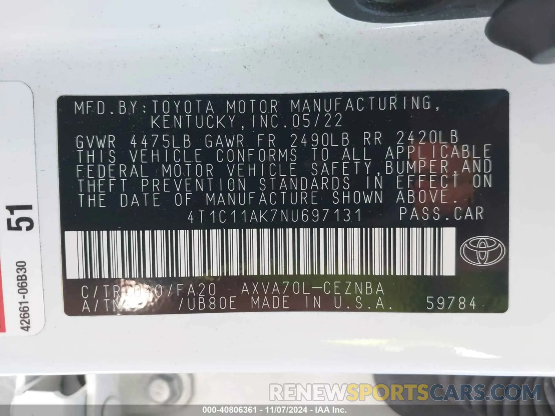 9 Photograph of a damaged car 4T1C11AK7NU697131 TOYOTA CAMRY 2022