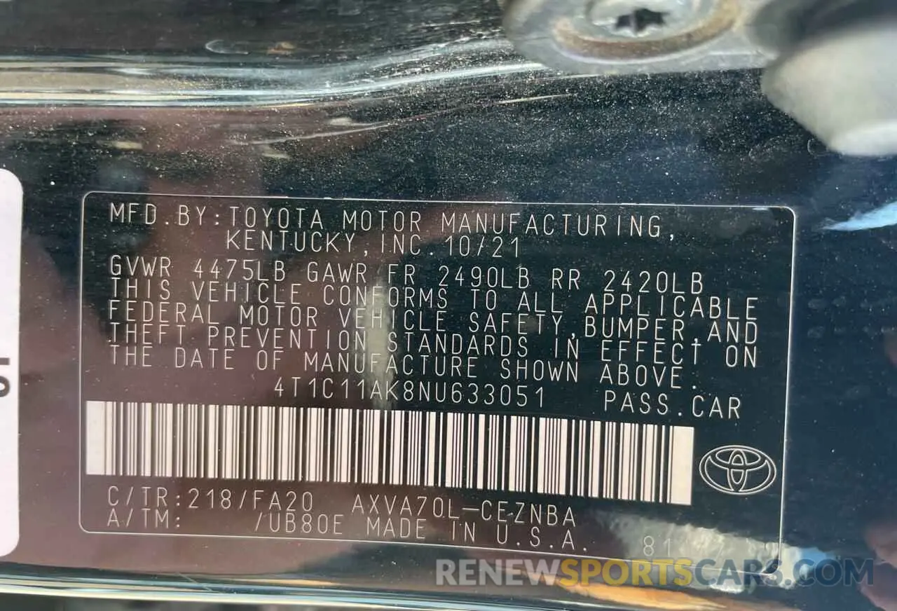 10 Photograph of a damaged car 4T1C11AK8NU633051 TOYOTA CAMRY 2022
