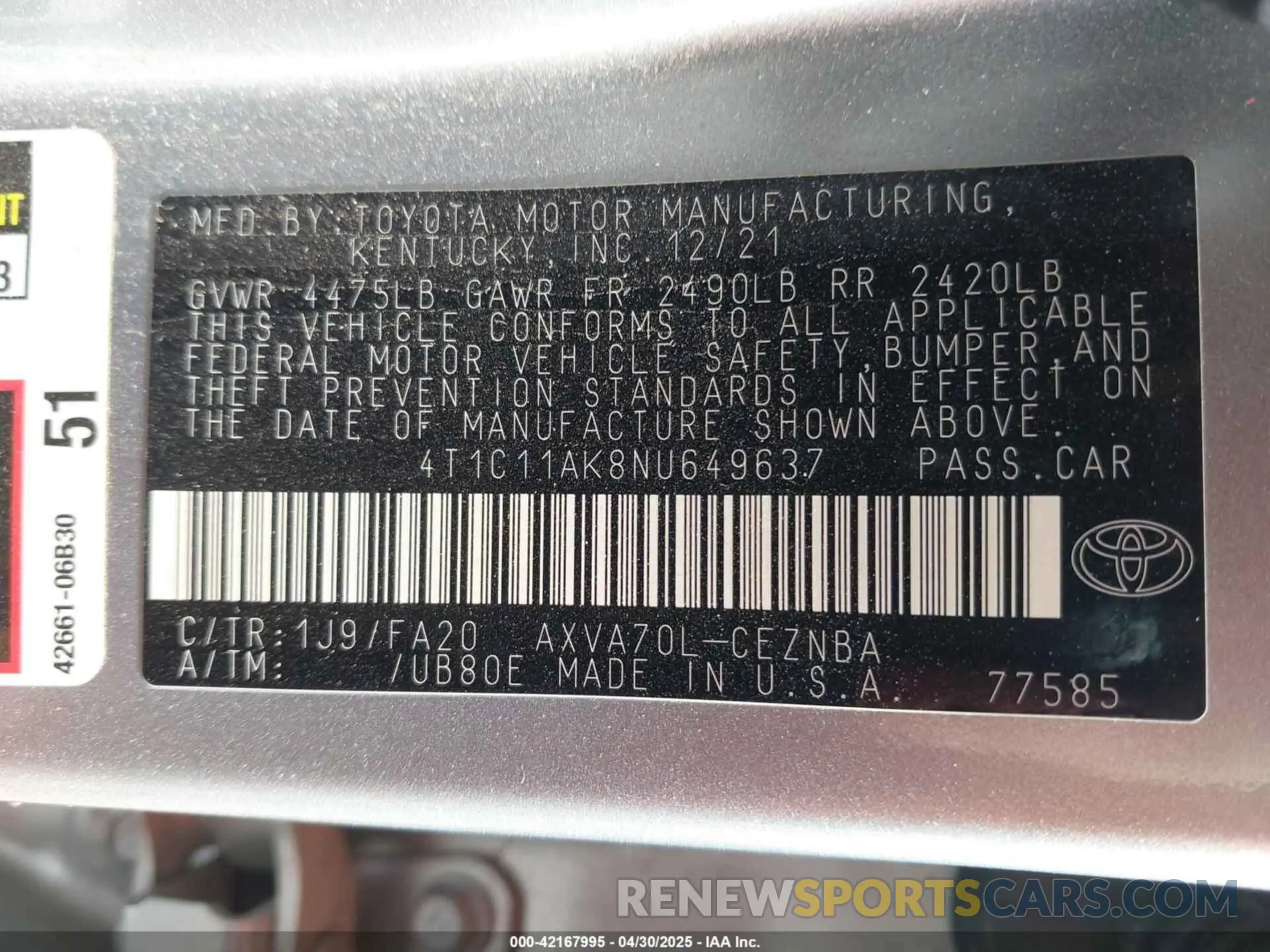 9 Photograph of a damaged car 4T1C11AK8NU649637 TOYOTA CAMRY 2022