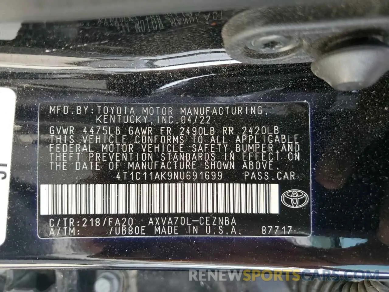 12 Photograph of a damaged car 4T1C11AK9NU691699 TOYOTA CAMRY 2022