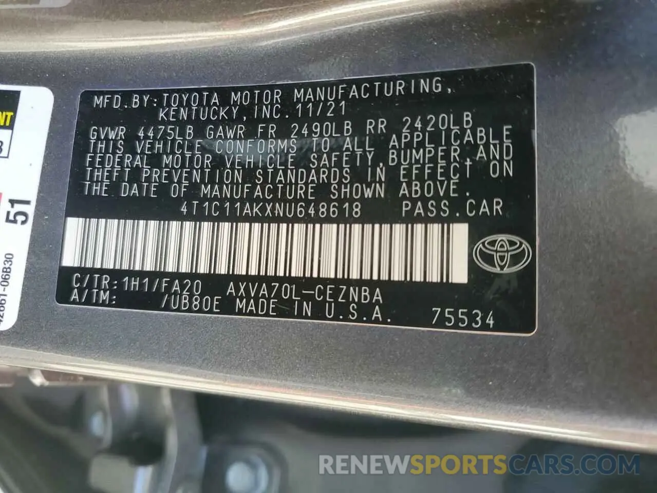 12 Photograph of a damaged car 4T1C11AKXNU648618 TOYOTA CAMRY 2022