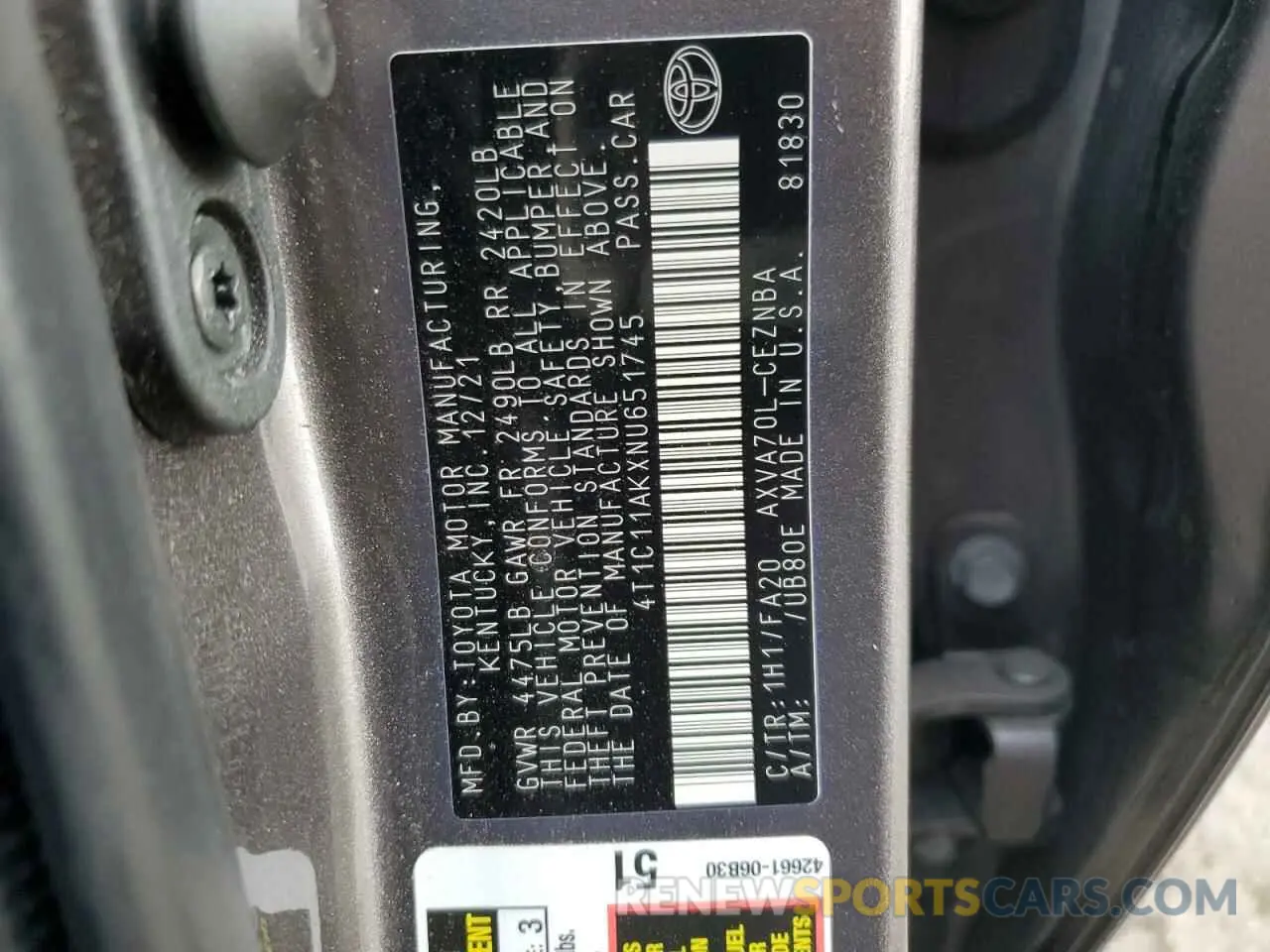13 Photograph of a damaged car 4T1C11AKXNU651745 TOYOTA CAMRY 2022