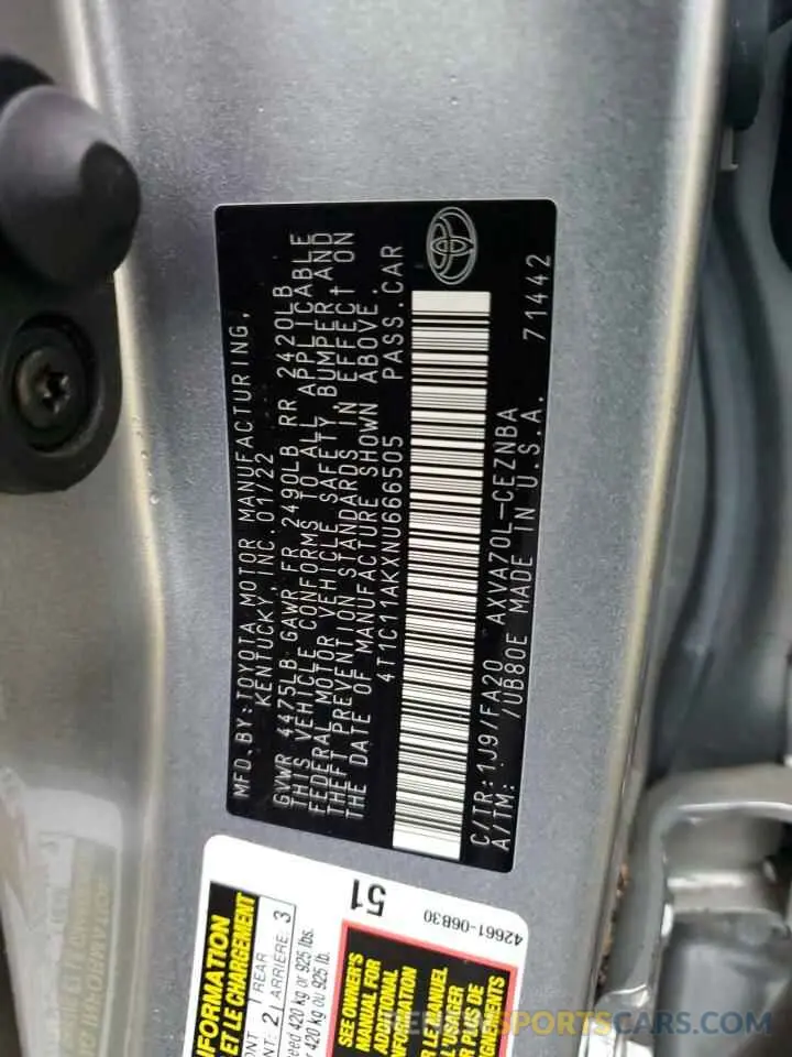 13 Photograph of a damaged car 4T1C11AKXNU666505 TOYOTA CAMRY 2022