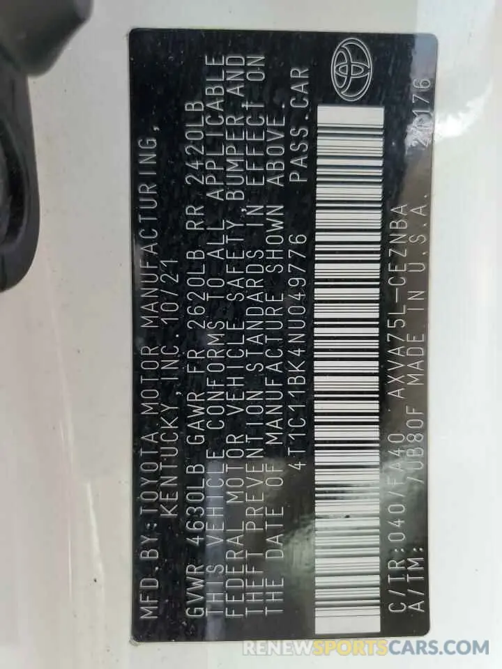 13 Photograph of a damaged car 4T1C11BK4NU049776 TOYOTA CAMRY 2022