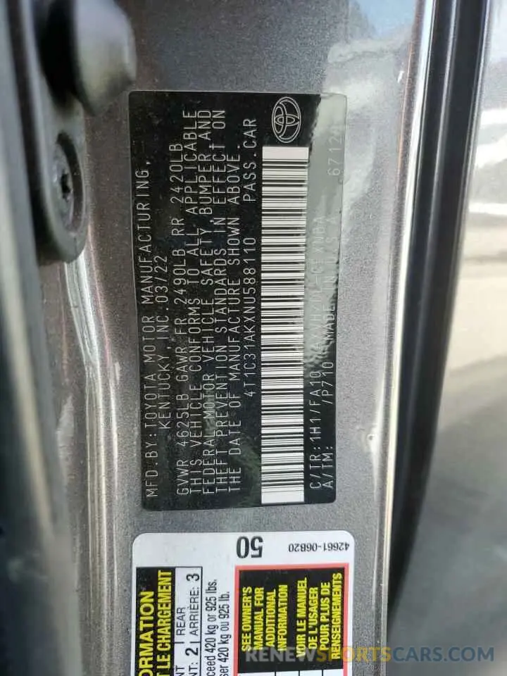 12 Photograph of a damaged car 4T1C31AKXNU588110 TOYOTA CAMRY 2022