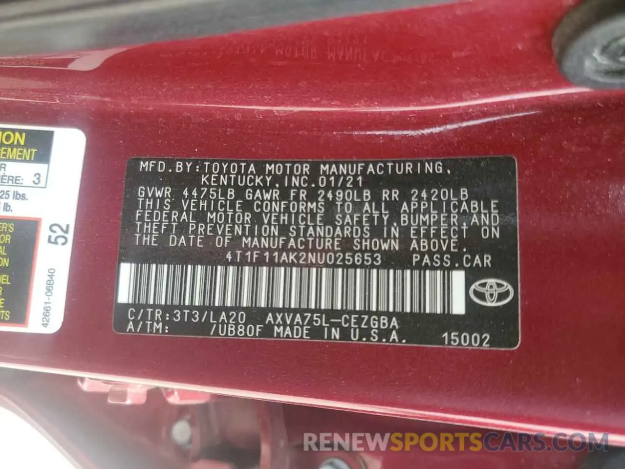 15 Photograph of a damaged car 4T1F11AK2NU025653 TOYOTA CAMRY 2022