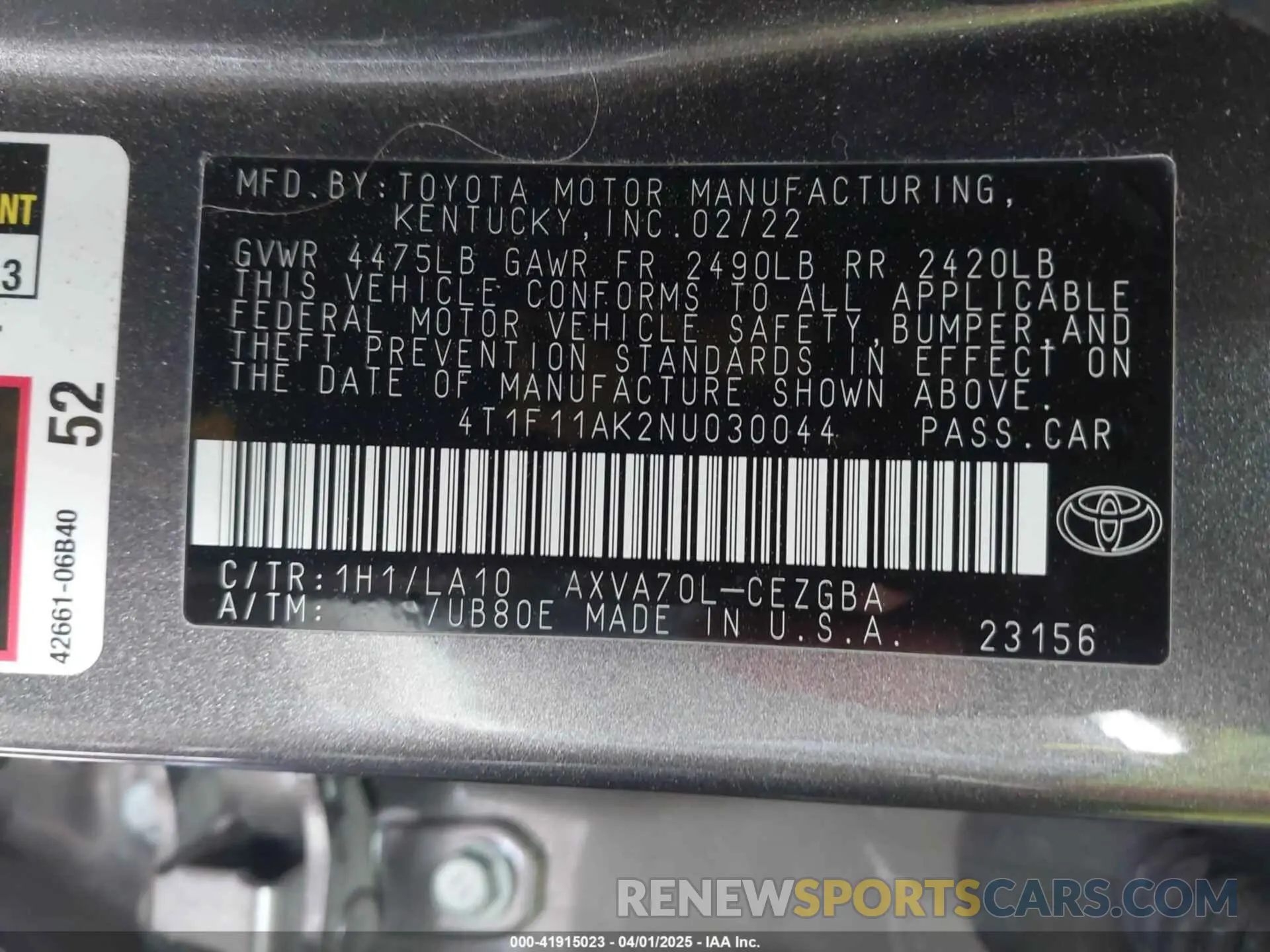 9 Photograph of a damaged car 4T1F11AK2NU030044 TOYOTA CAMRY 2022