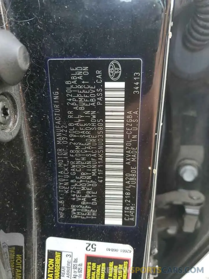14 Photograph of a damaged car 4T1F11AK5NU035805 TOYOTA CAMRY 2022