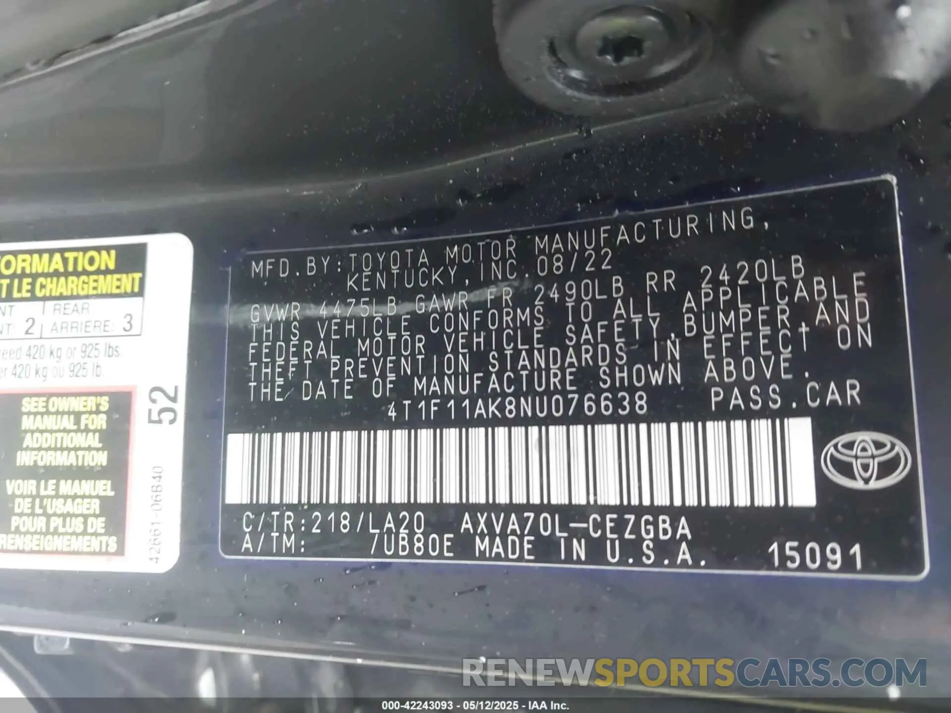 9 Photograph of a damaged car 4T1F11AK8NU076638 TOYOTA CAMRY 2022