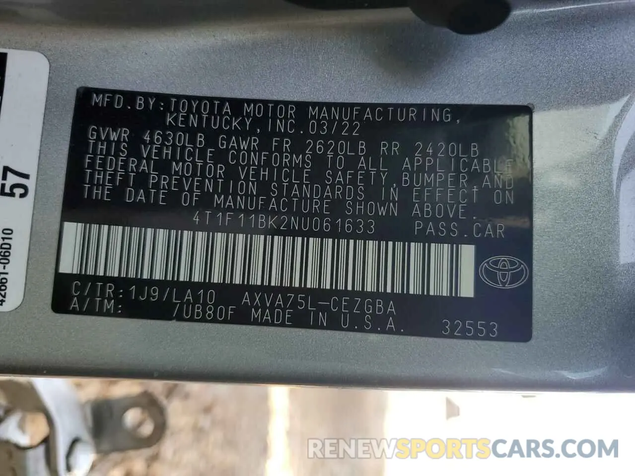 13 Photograph of a damaged car 4T1F11BK2NU061633 TOYOTA CAMRY 2022