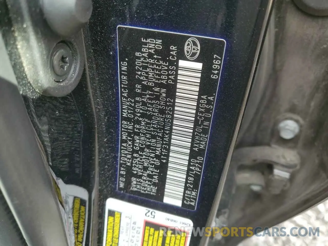 12 Photograph of a damaged car 4T1F31AK4NU582512 TOYOTA CAMRY 2022