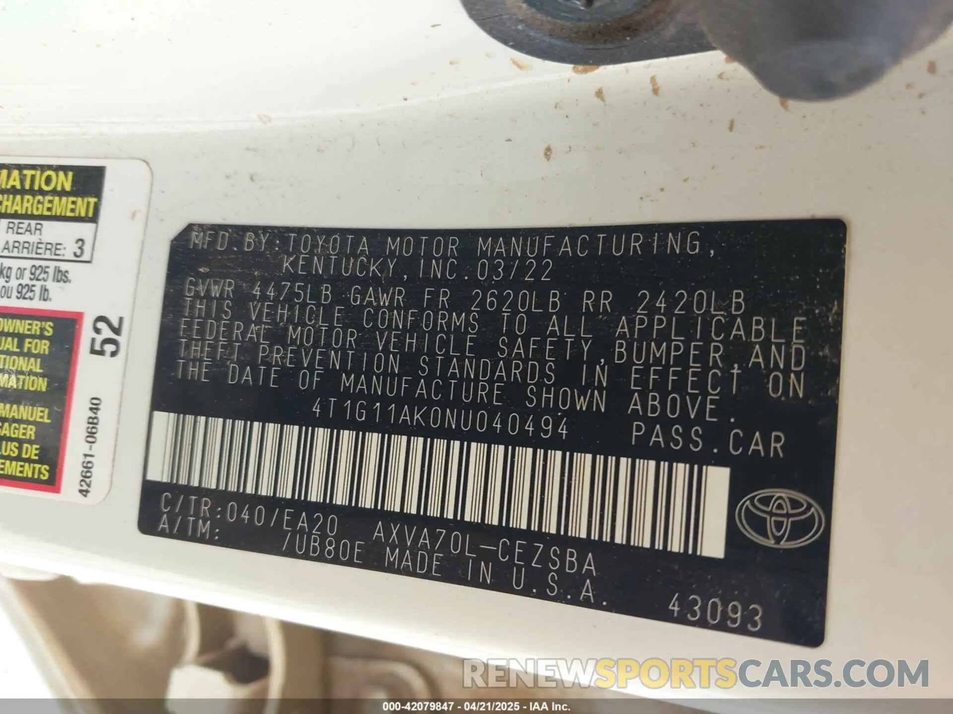 9 Photograph of a damaged car 4T1G11AK0NU040494 TOYOTA CAMRY 2022