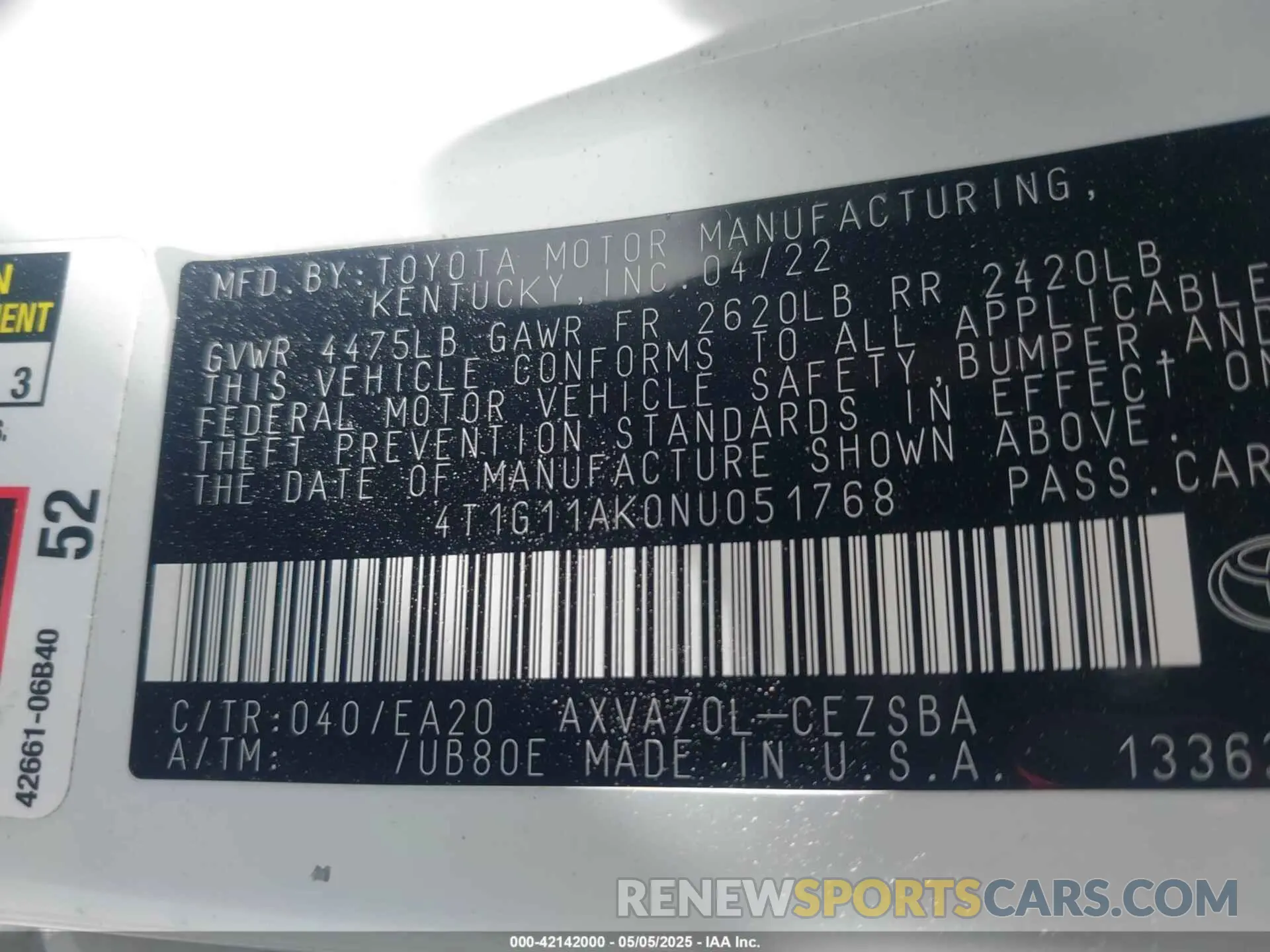 9 Photograph of a damaged car 4T1G11AK0NU051768 TOYOTA CAMRY 2022