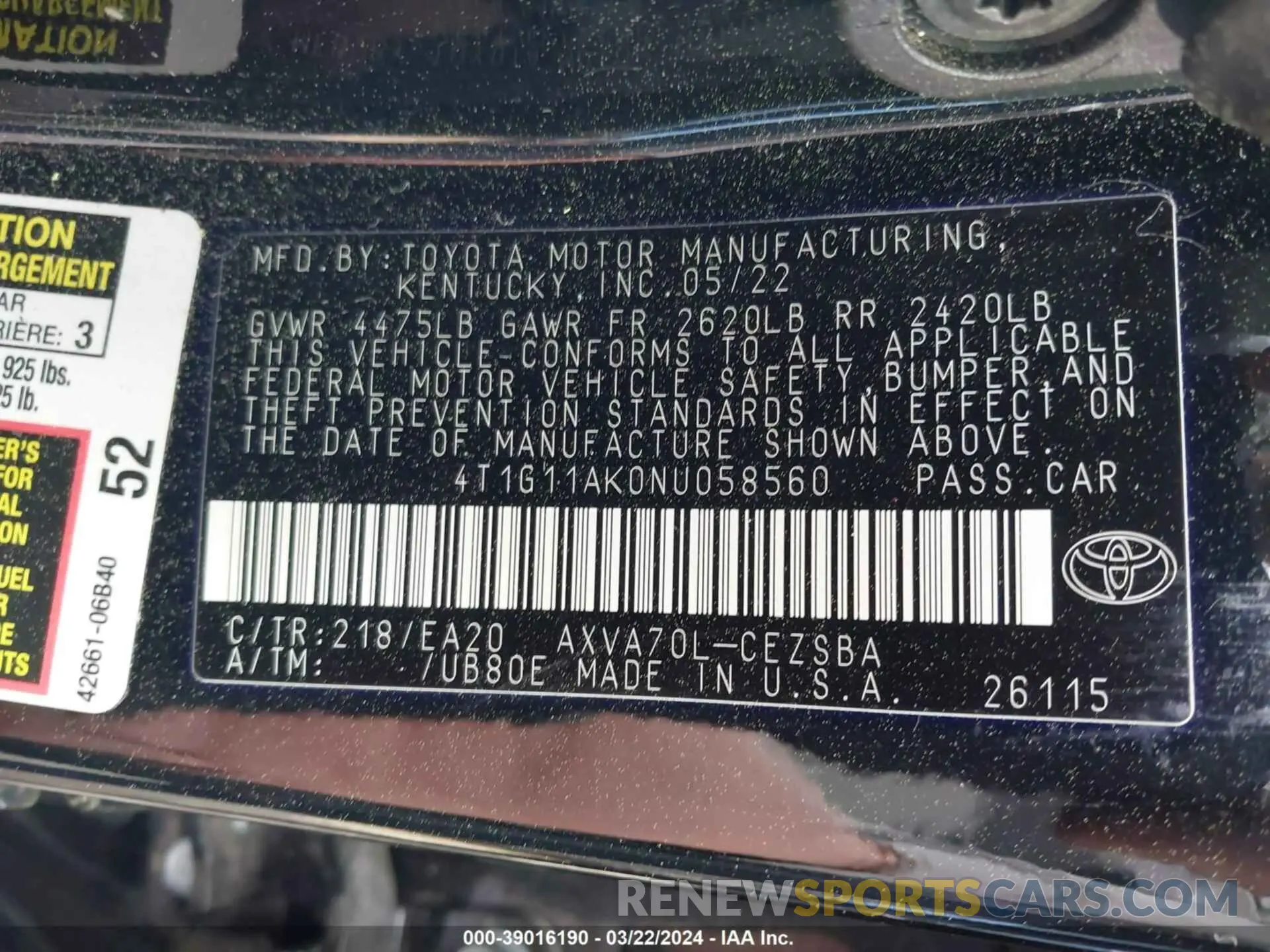 9 Photograph of a damaged car 4T1G11AK0NU058560 TOYOTA CAMRY 2022