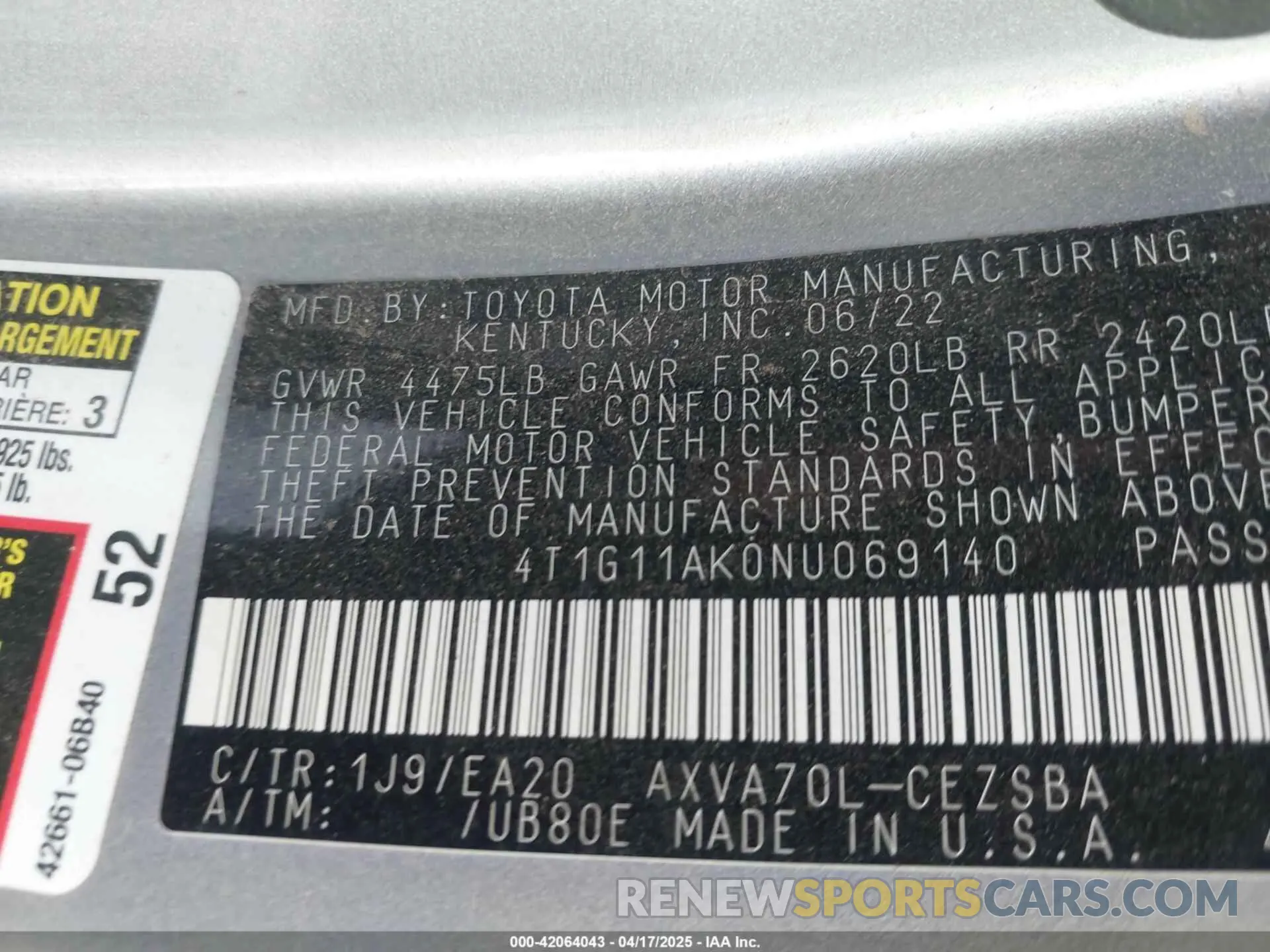 9 Photograph of a damaged car 4T1G11AK0NU069140 TOYOTA CAMRY 2022