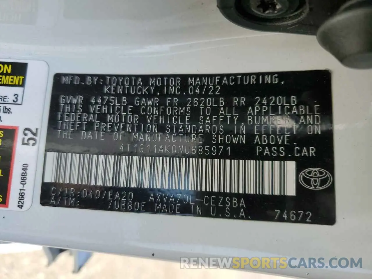 13 Photograph of a damaged car 4T1G11AK0NU685971 TOYOTA CAMRY 2022