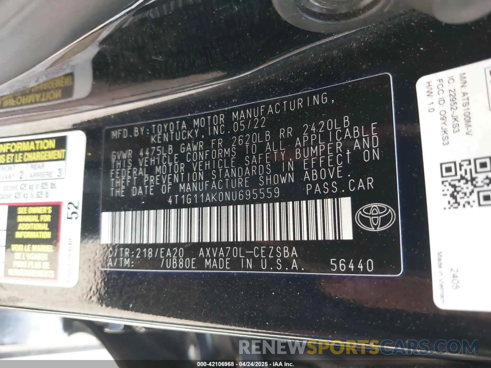 9 Photograph of a damaged car 4T1G11AK0NU695559 TOYOTA CAMRY 2022