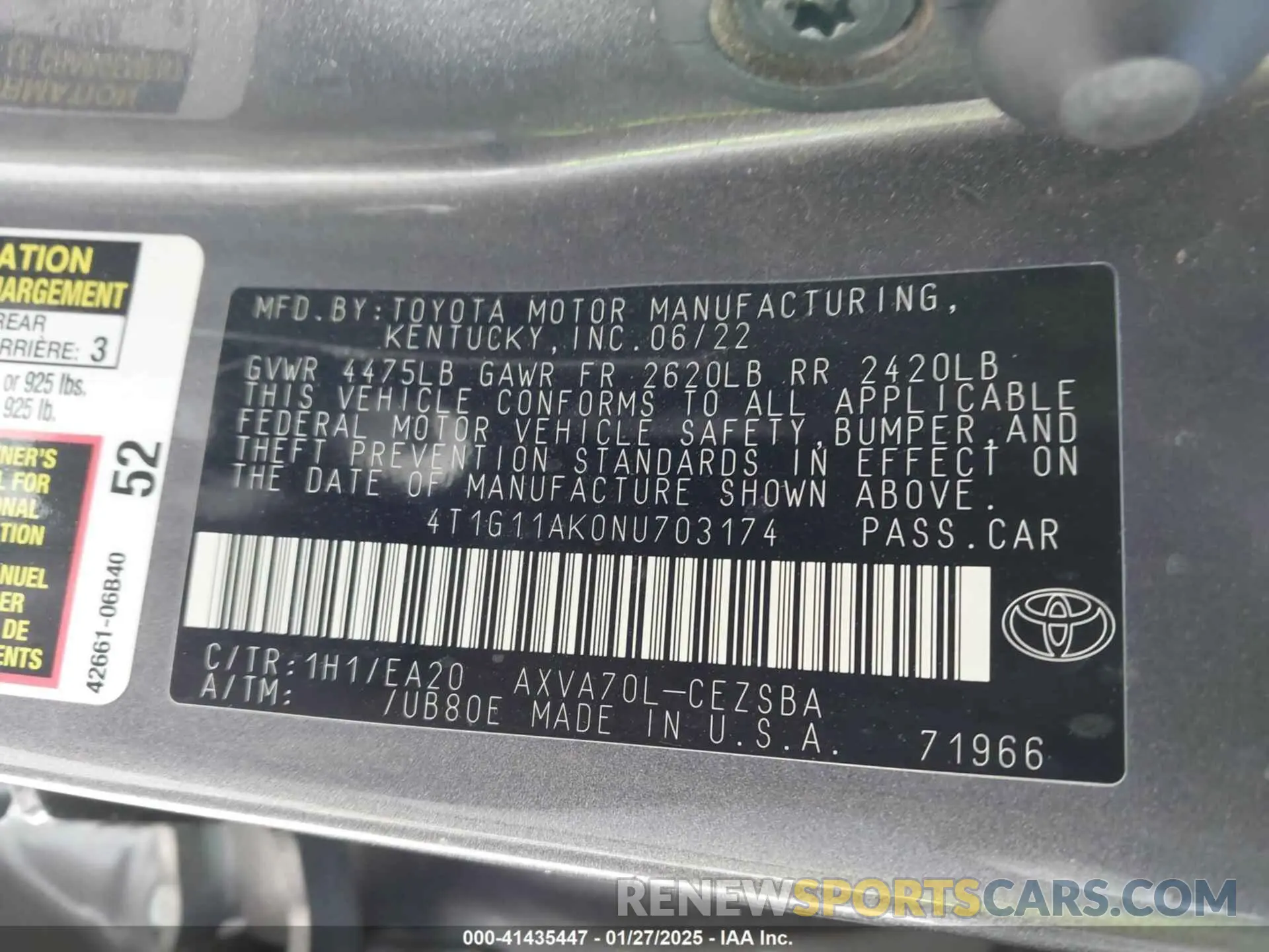9 Photograph of a damaged car 4T1G11AK0NU703174 TOYOTA CAMRY 2022