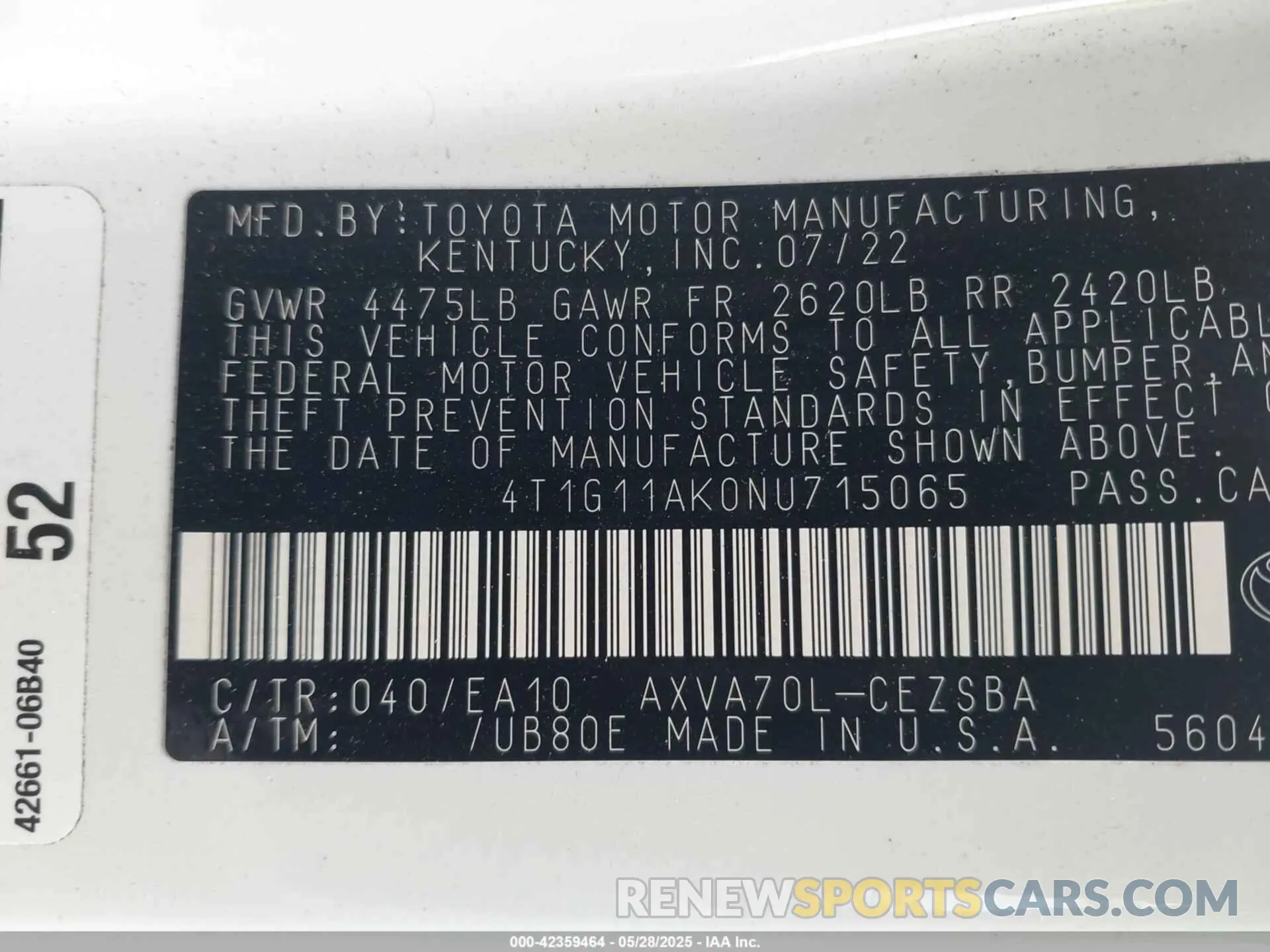 9 Photograph of a damaged car 4T1G11AK0NU715065 TOYOTA CAMRY 2022