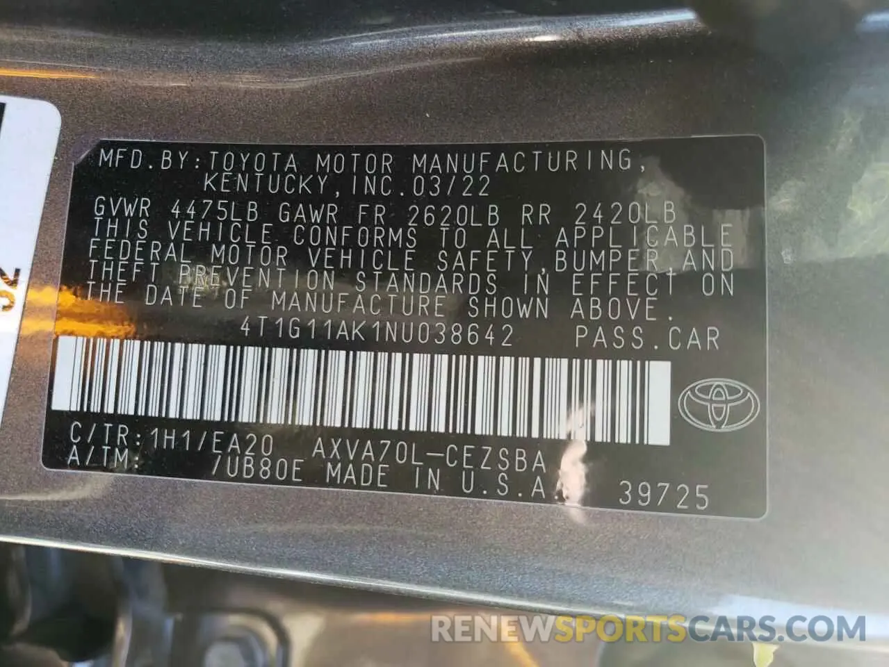12 Photograph of a damaged car 4T1G11AK1NU038642 TOYOTA CAMRY 2022