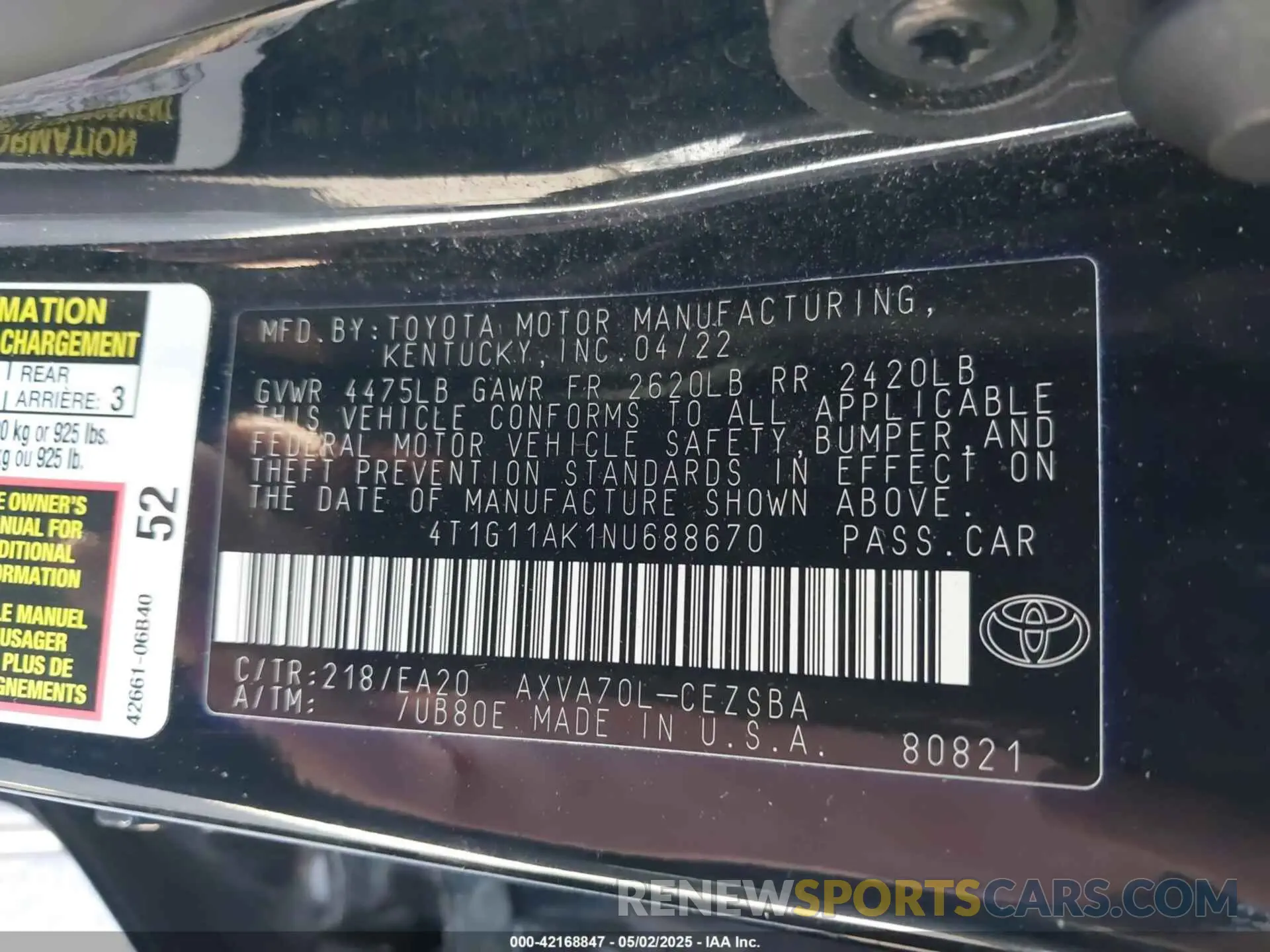 9 Photograph of a damaged car 4T1G11AK1NU688670 TOYOTA CAMRY 2022
