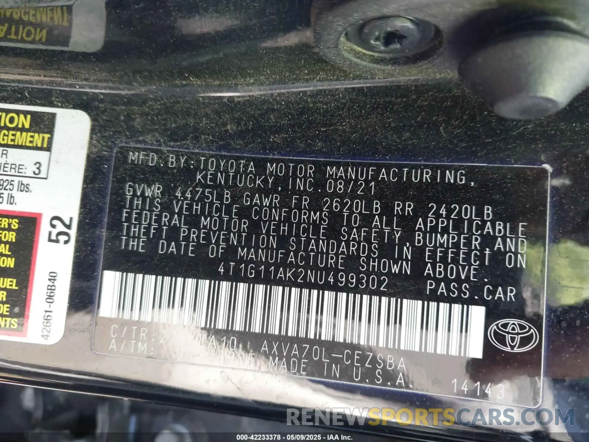 9 Photograph of a damaged car 4T1G11AK2NU499302 TOYOTA CAMRY 2022