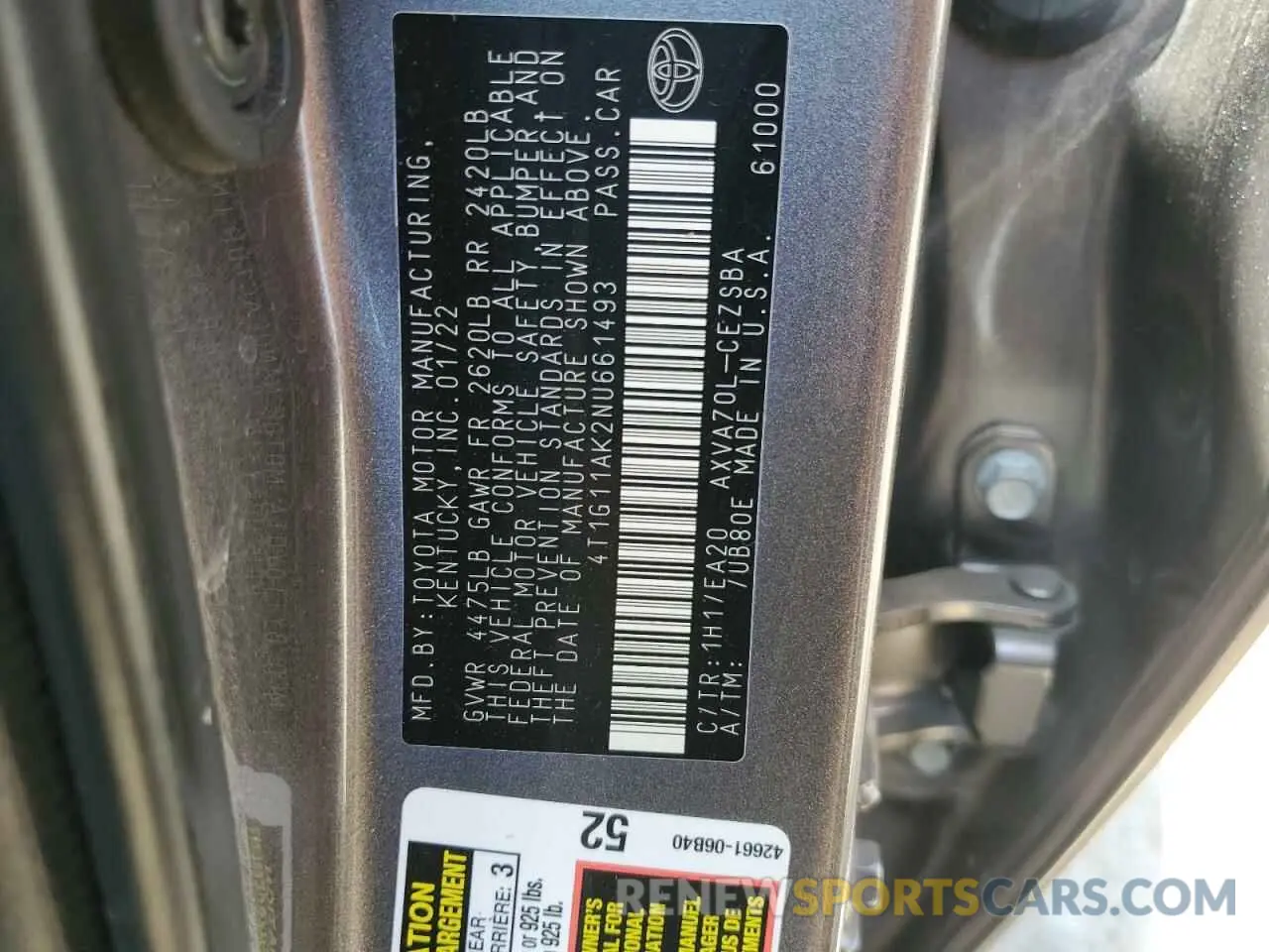12 Photograph of a damaged car 4T1G11AK2NU661493 TOYOTA CAMRY 2022