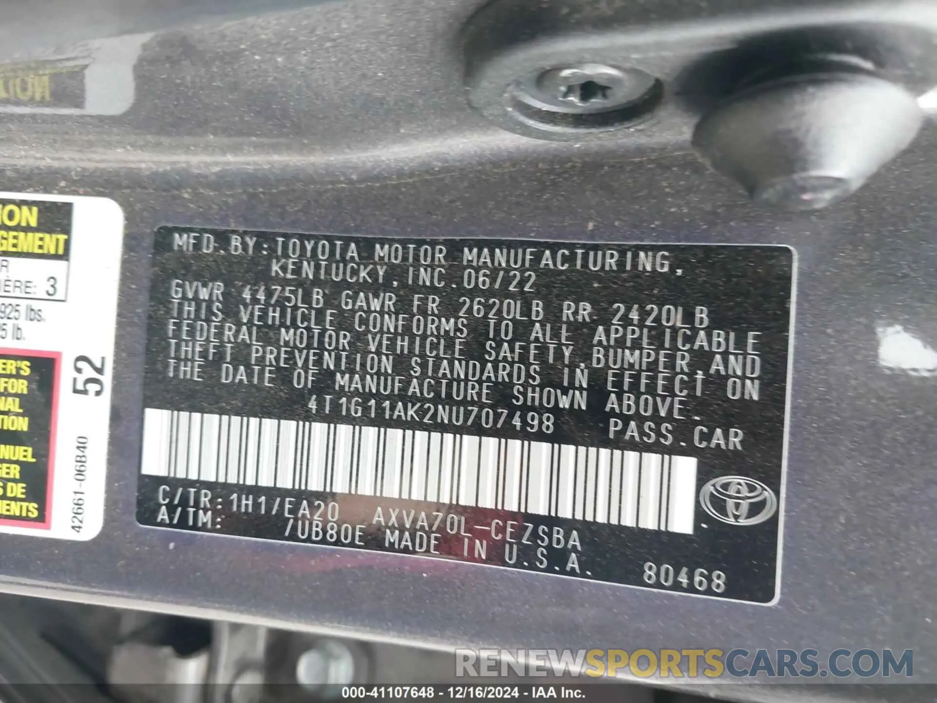 9 Photograph of a damaged car 4T1G11AK2NU707498 TOYOTA CAMRY 2022