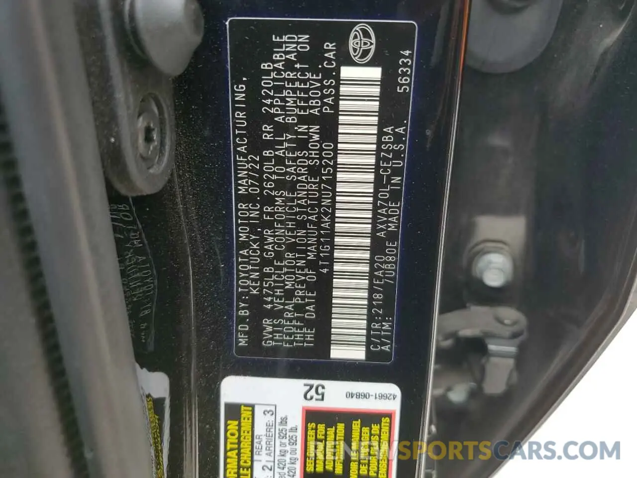 12 Photograph of a damaged car 4T1G11AK2NU715200 TOYOTA CAMRY 2022