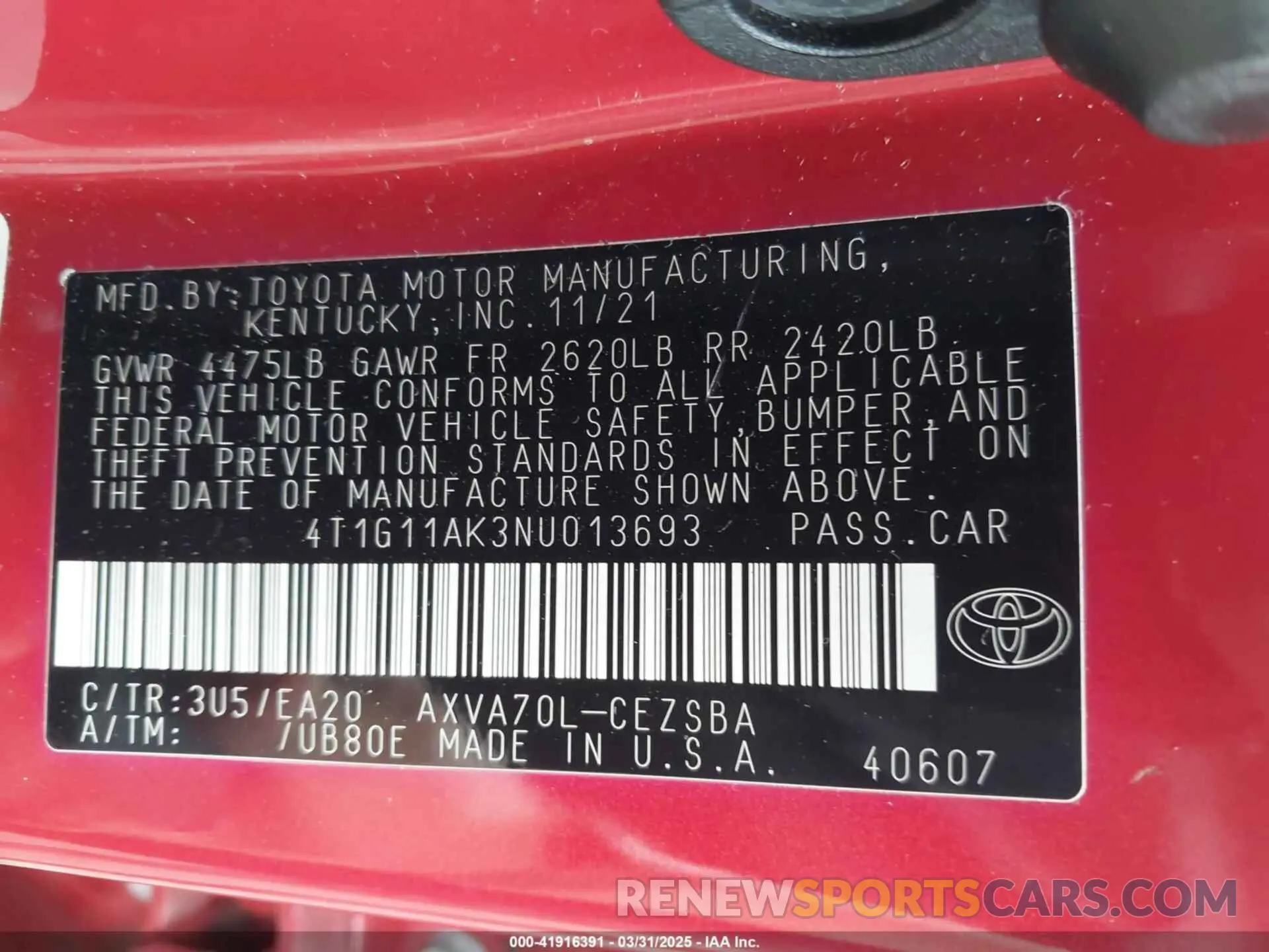 9 Photograph of a damaged car 4T1G11AK3NU013693 TOYOTA CAMRY 2022