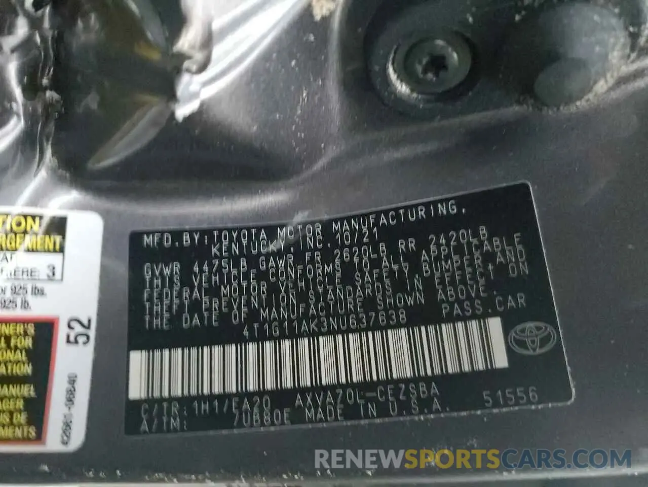 13 Photograph of a damaged car 4T1G11AK3NU637638 TOYOTA CAMRY 2022