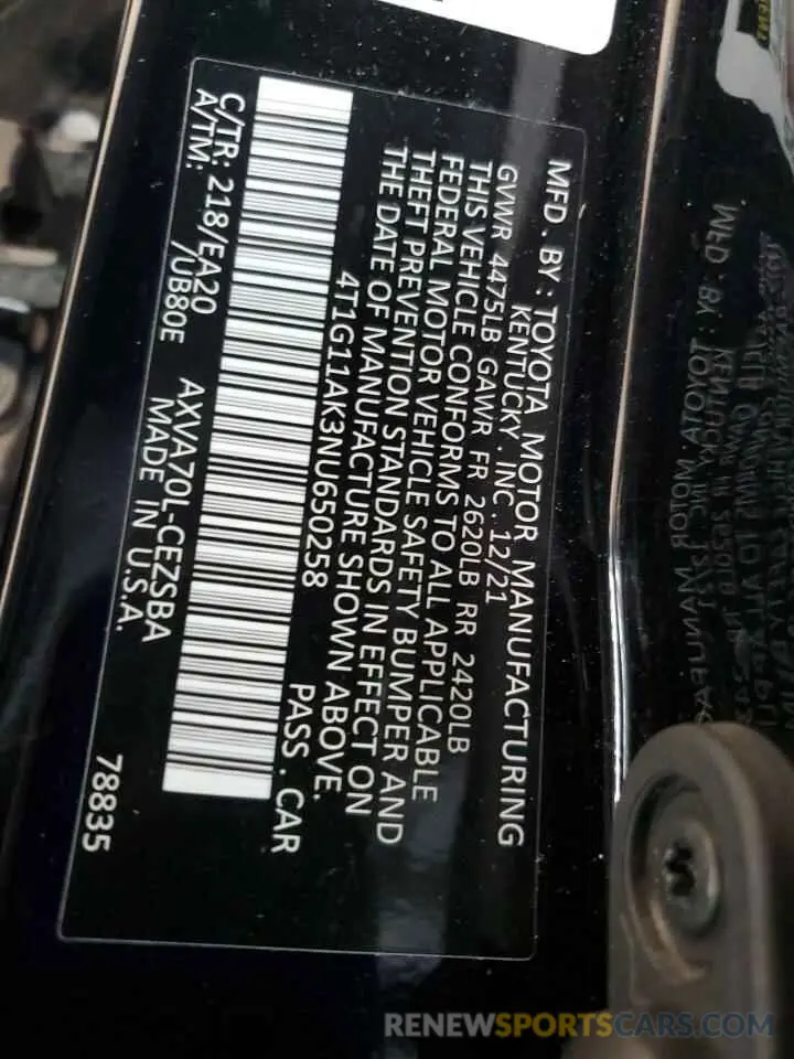 12 Photograph of a damaged car 4T1G11AK3NU650258 TOYOTA CAMRY 2022