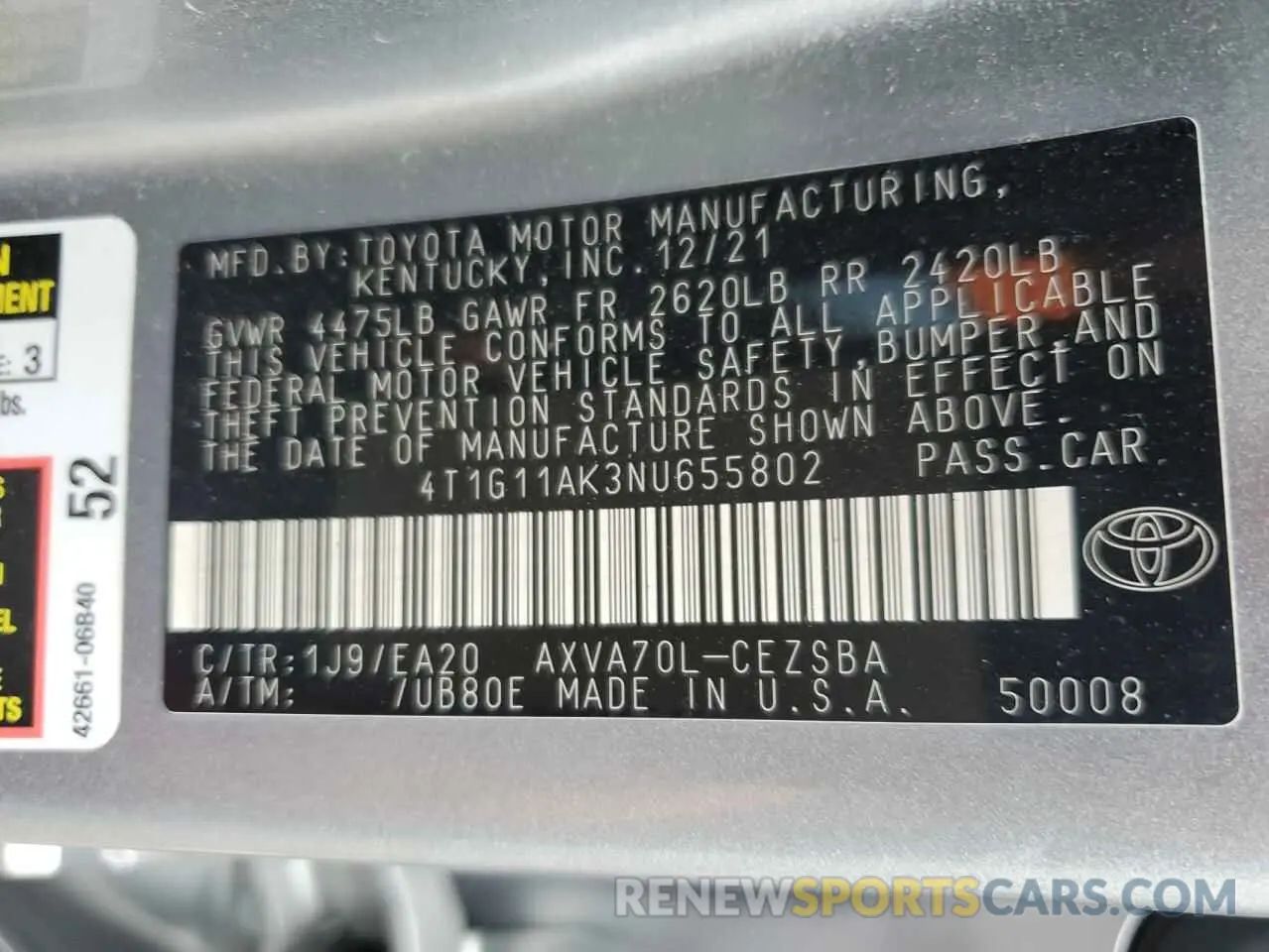 12 Photograph of a damaged car 4T1G11AK3NU655802 TOYOTA CAMRY 2022