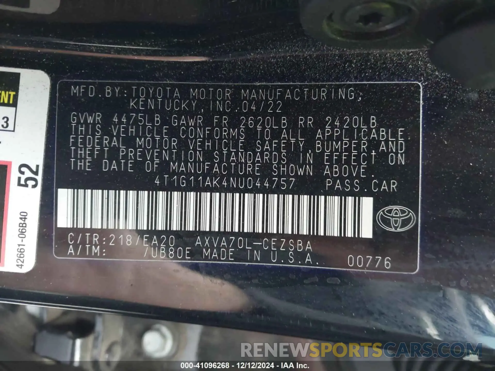 9 Photograph of a damaged car 4T1G11AK4NU044757 TOYOTA CAMRY 2022