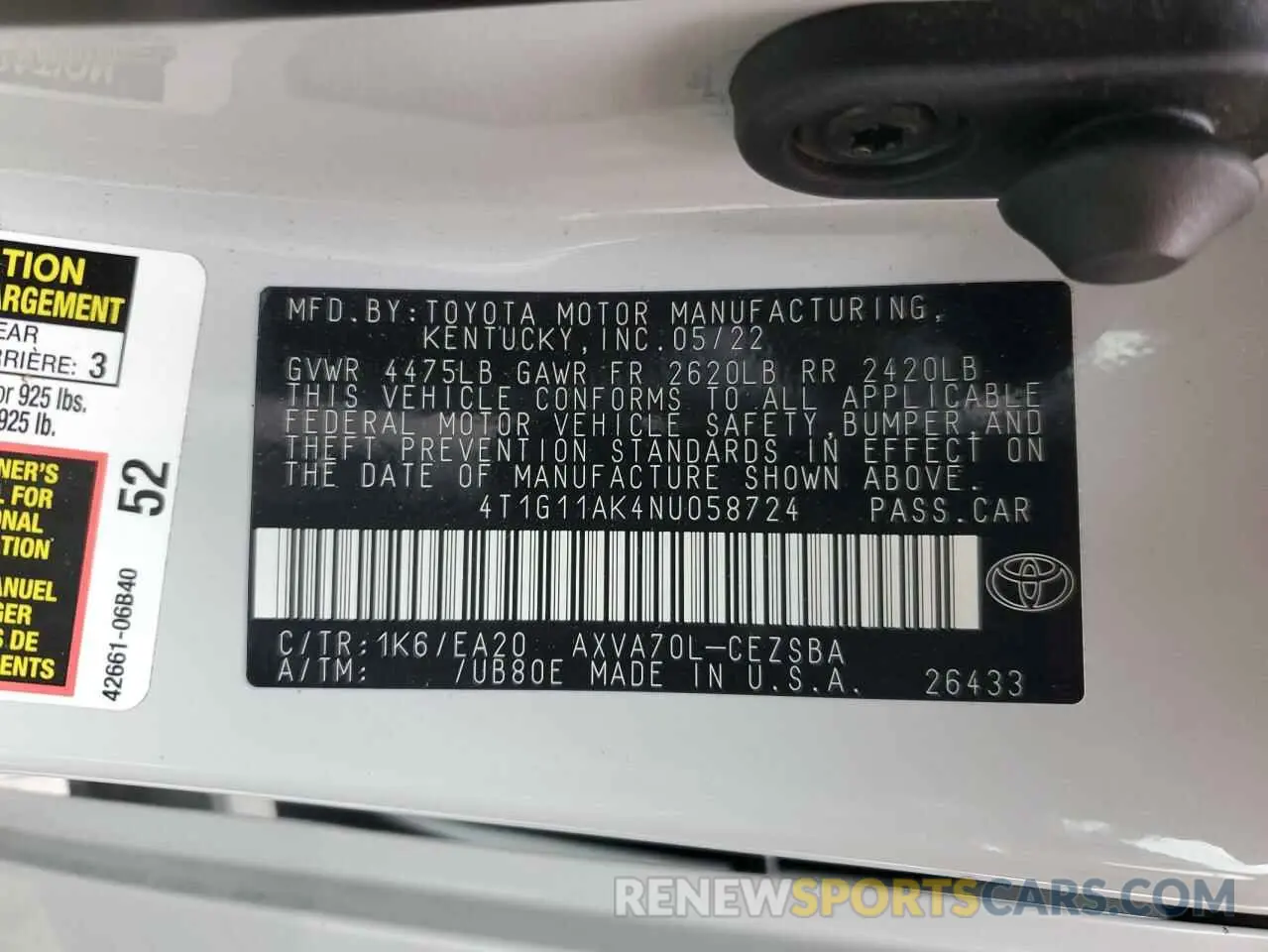 12 Photograph of a damaged car 4T1G11AK4NU058724 TOYOTA CAMRY 2022