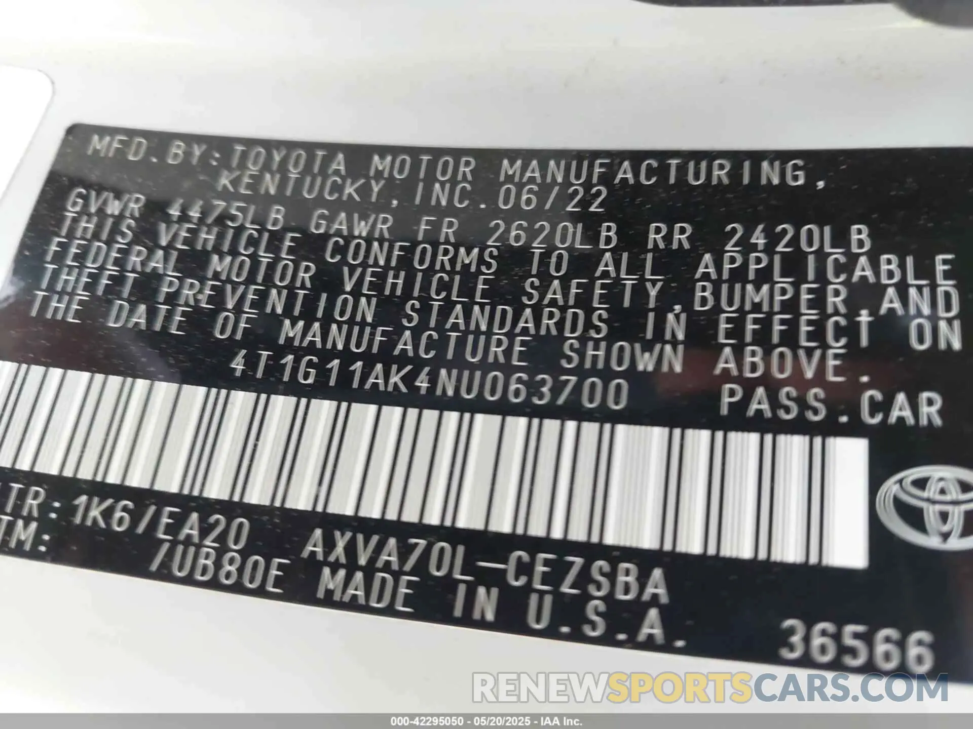 9 Photograph of a damaged car 4T1G11AK4NU063700 TOYOTA CAMRY 2022