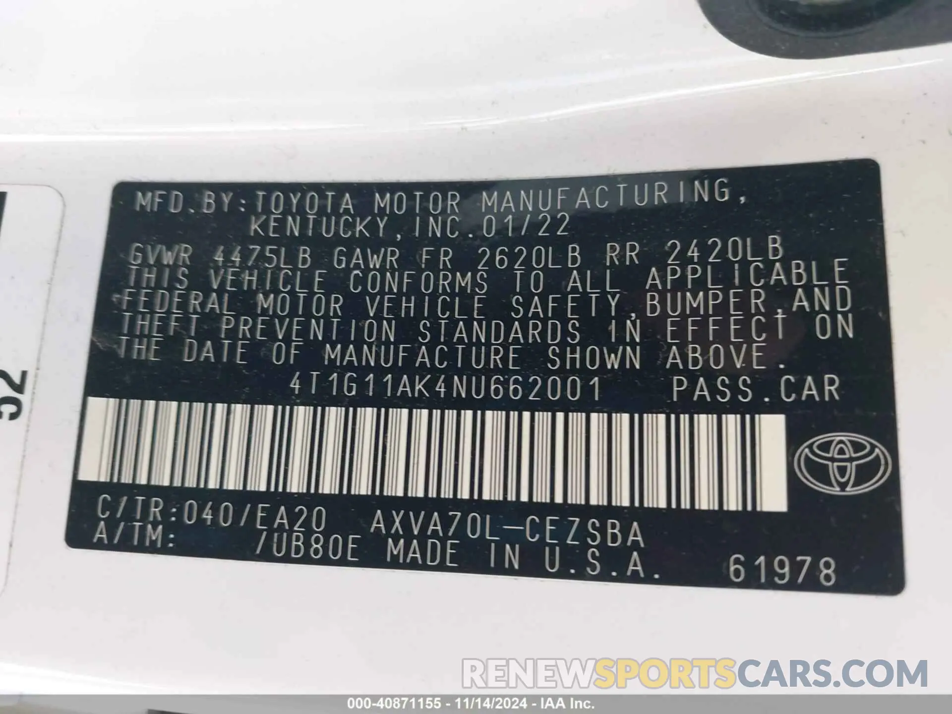 9 Photograph of a damaged car 4T1G11AK4NU662001 TOYOTA CAMRY 2022