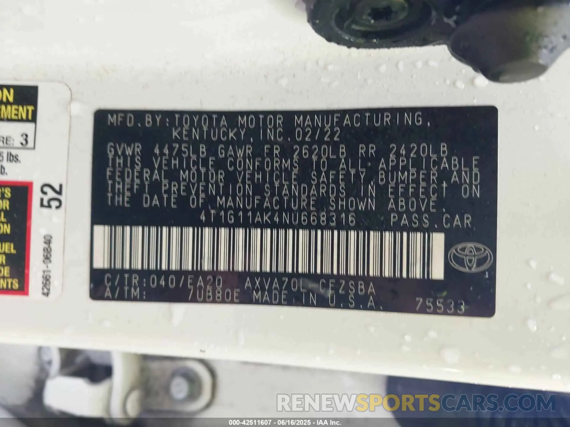 9 Photograph of a damaged car 4T1G11AK4NU668316 TOYOTA CAMRY 2022