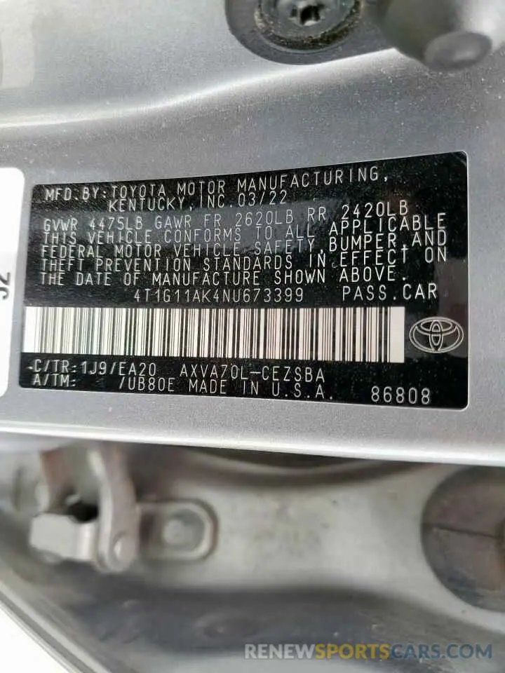 12 Photograph of a damaged car 4T1G11AK4NU673399 TOYOTA CAMRY 2022