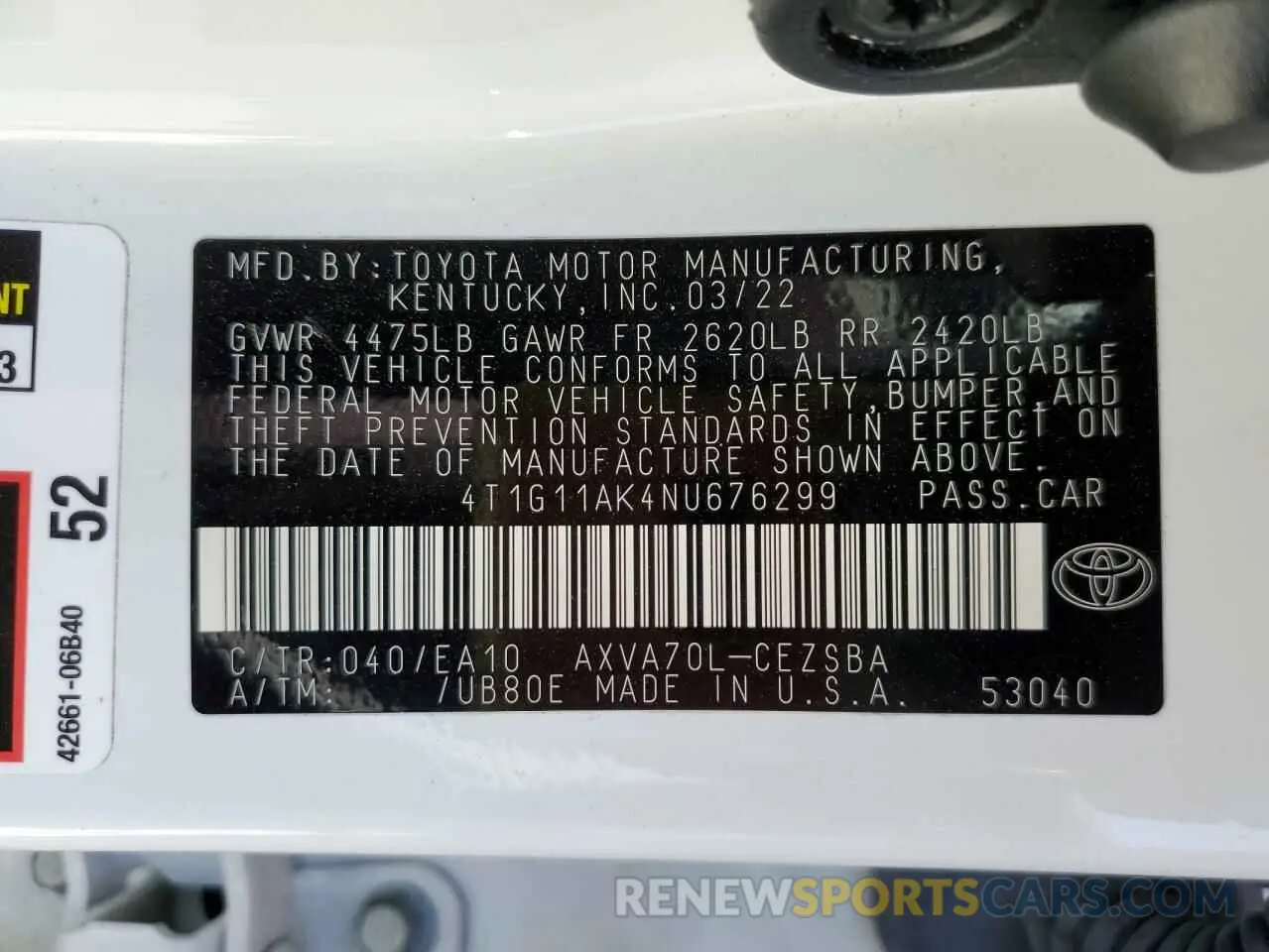 13 Photograph of a damaged car 4T1G11AK4NU676299 TOYOTA CAMRY 2022