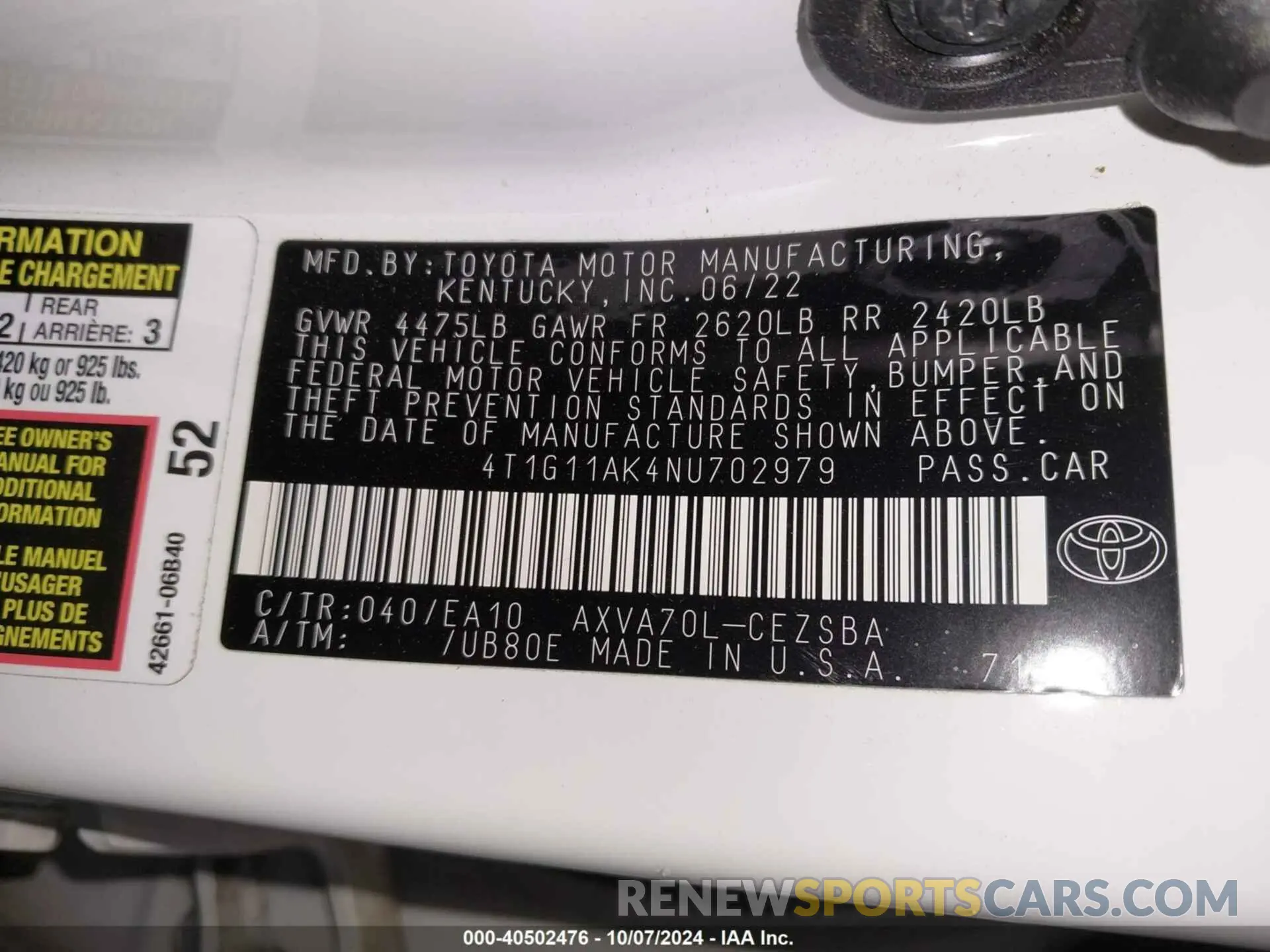 9 Photograph of a damaged car 4T1G11AK4NU702979 TOYOTA CAMRY 2022